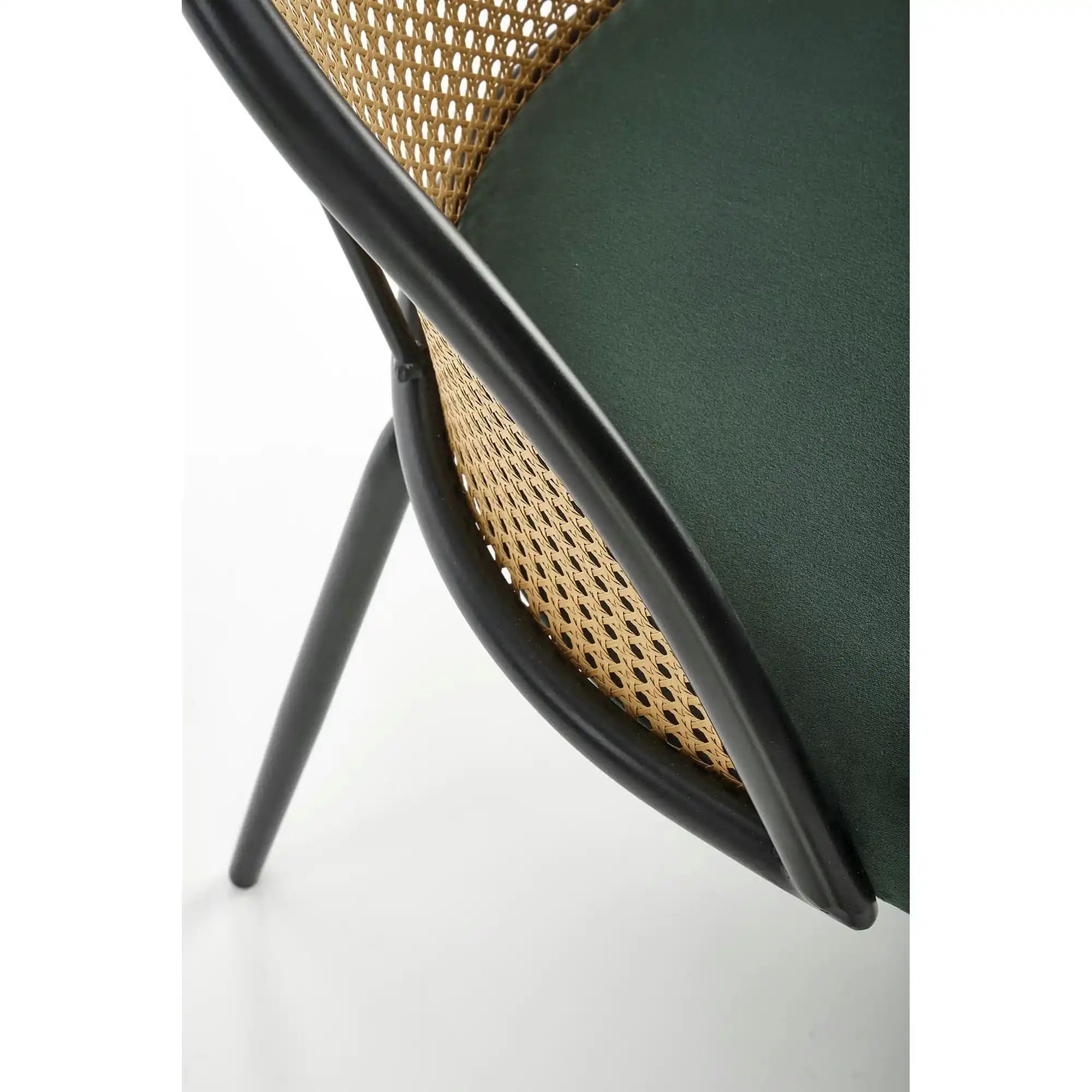 Scaun K508, verde inchis/negru, stofa catifelata/rattan sintetic, 54x57x78 cm