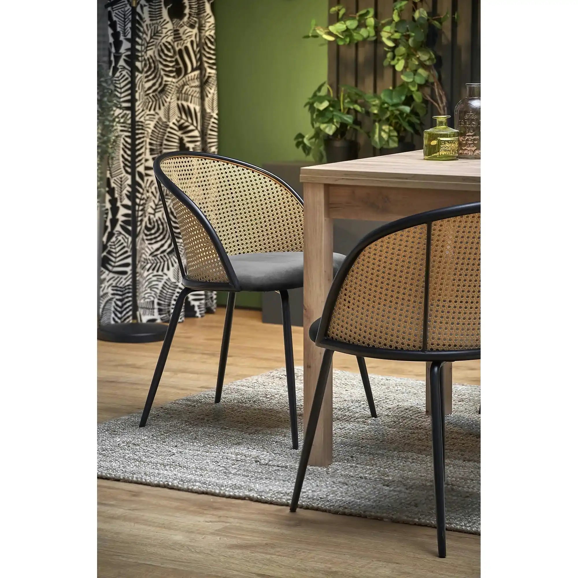 Scaun K508, verde inchis/negru, stofa catifelata/rattan sintetic, 54x57x78 cm
