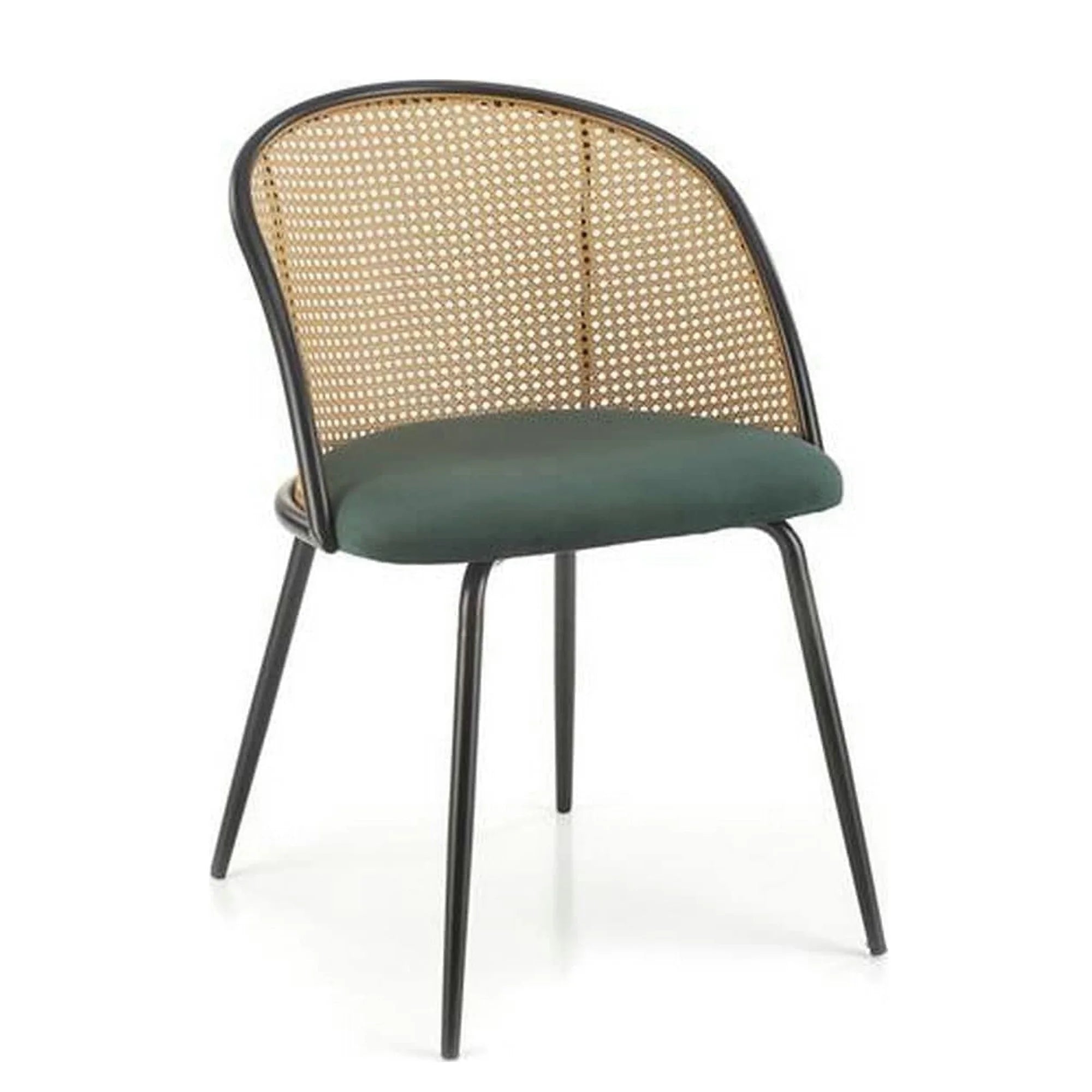 Scaun K508, verde inchis/negru, stofa catifelata/rattan sintetic, 54x57x78 cm