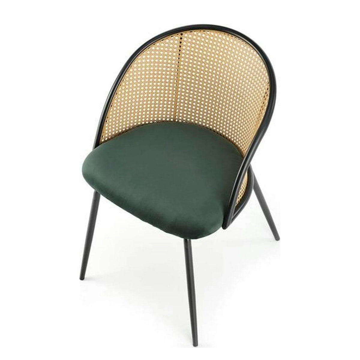 Scaun K508, verde inchis/negru, stofa catifelata/rattan sintetic, 54x57x78 cm