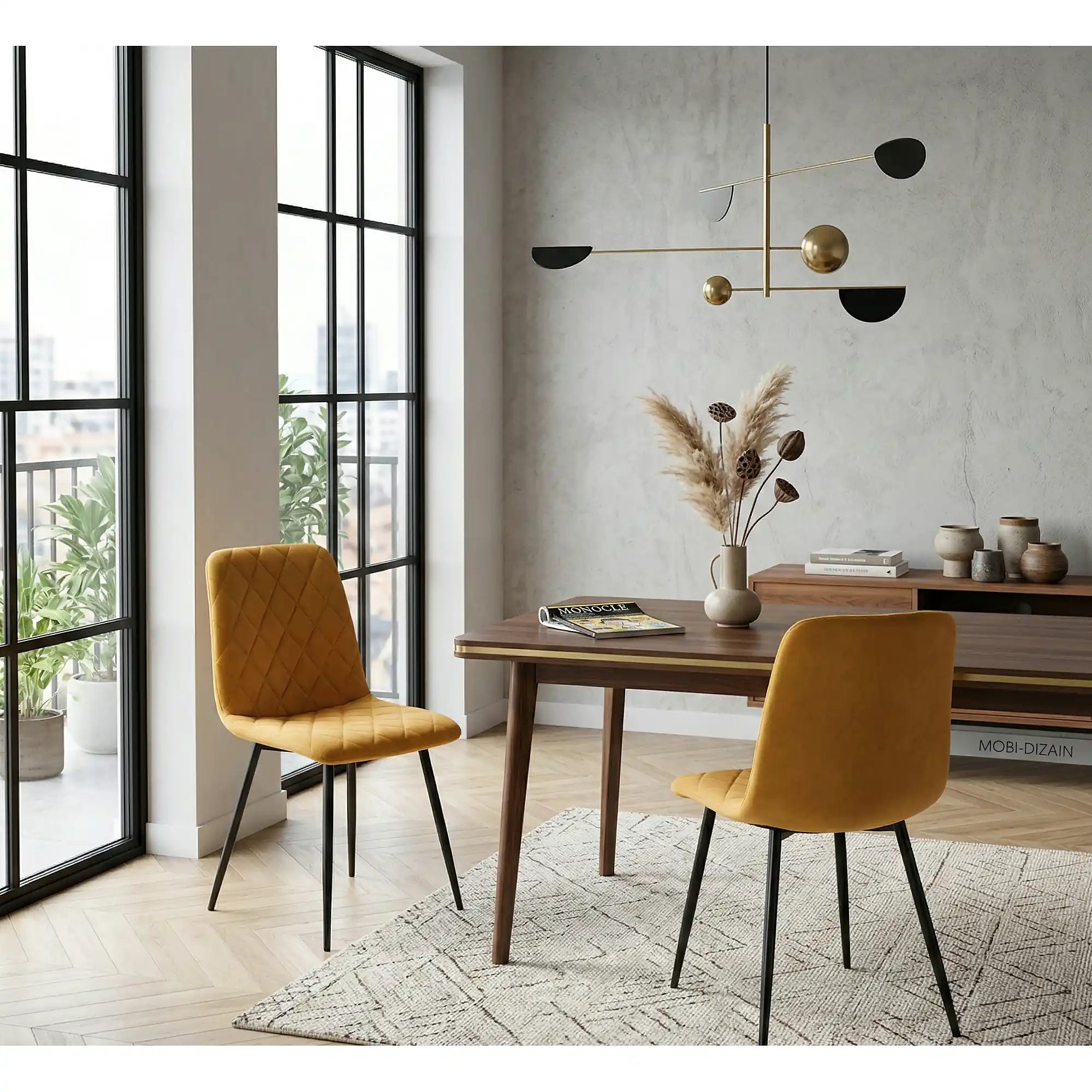 Scaun K525, galben/negru, stofa catifelata/metal, 45x55x89 cm