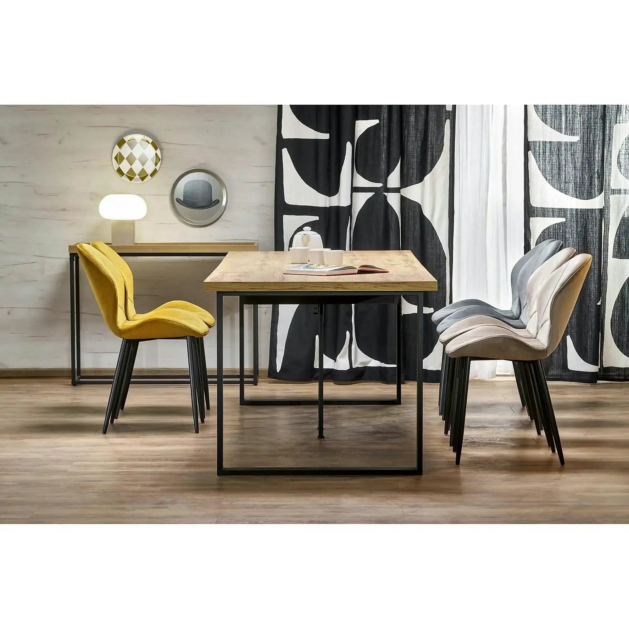 Scaun K538, galben mustar/negru, stofa catifelata/metal, 48x57x85 cm