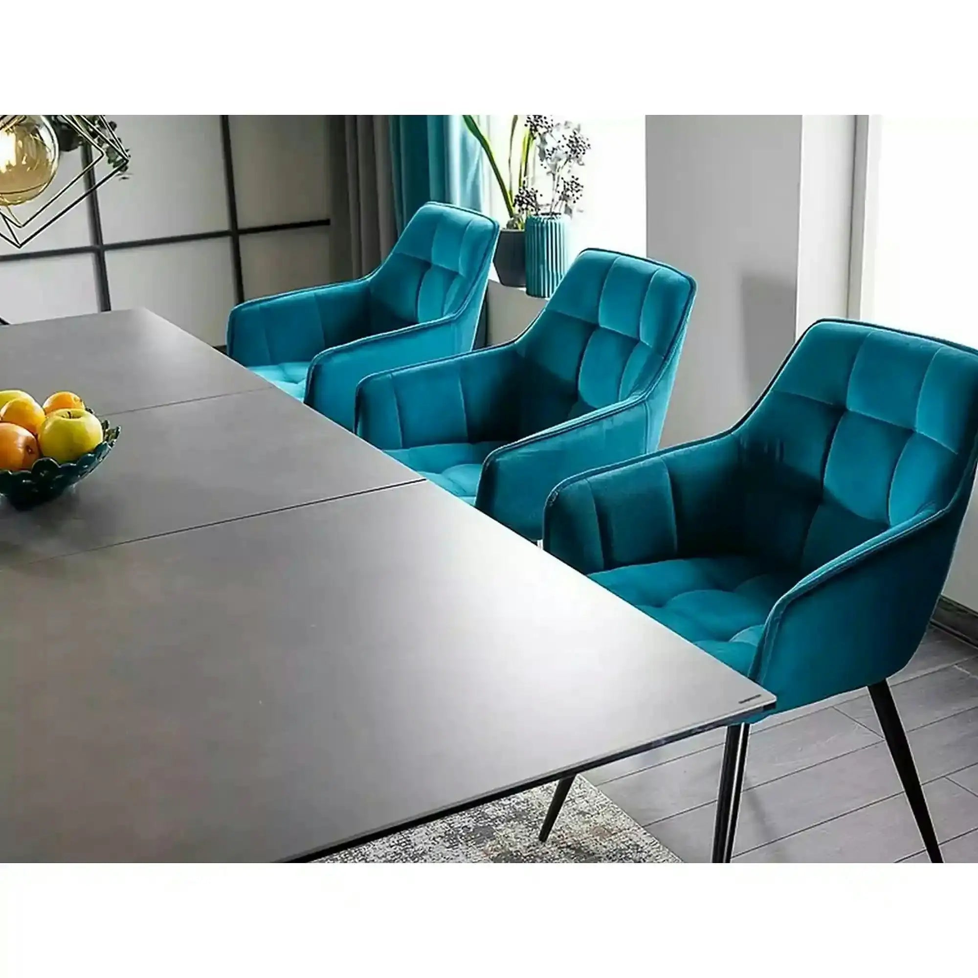 Scaun Lilia, turcoaz/negru, stofa catifelata/metal, 59x45x90 cm