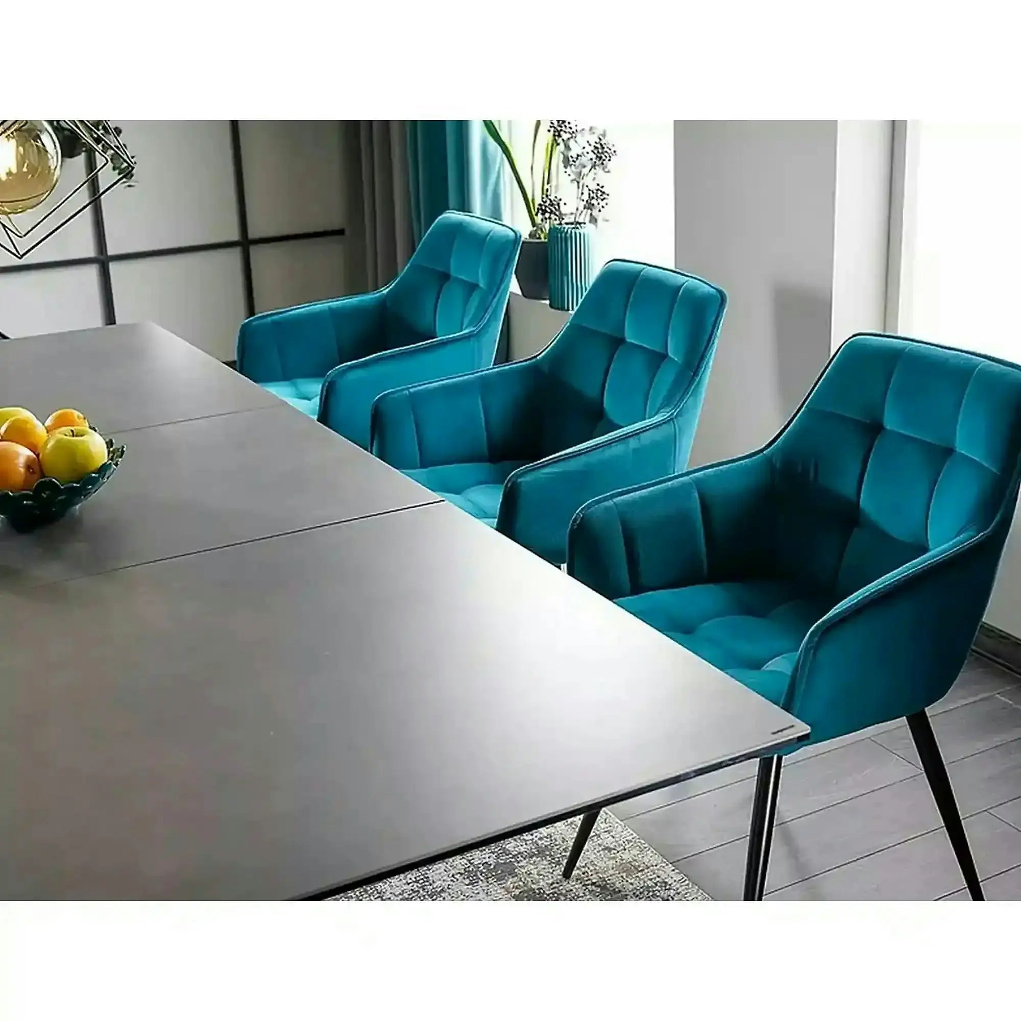 Scaun Lilia, turcoaz/negru, stofa catifelata/metal, 59x45x90 cm