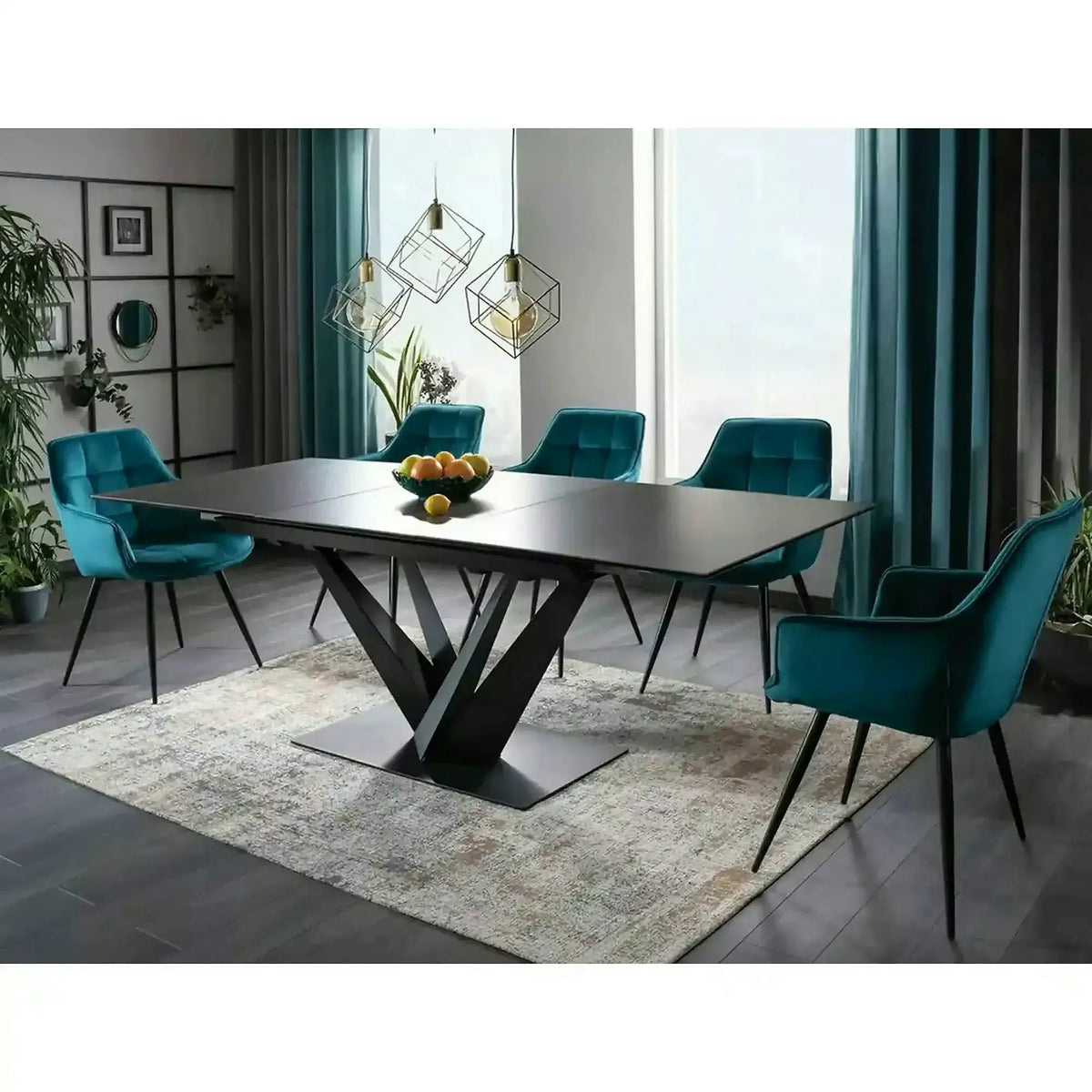 Scaun Lilia, turcoaz/negru, stofa catifelata/metal, 59x45x90 cm