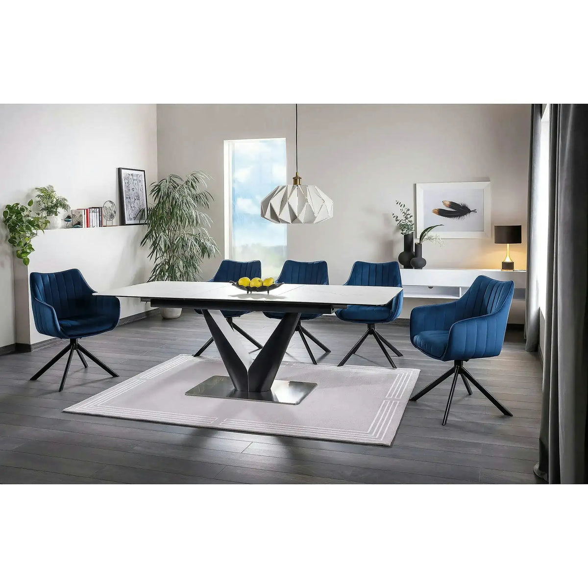 Scaun living rotativ AZALIA, albastru/negru, stofa catifelata/metal, 61x58x86 cm