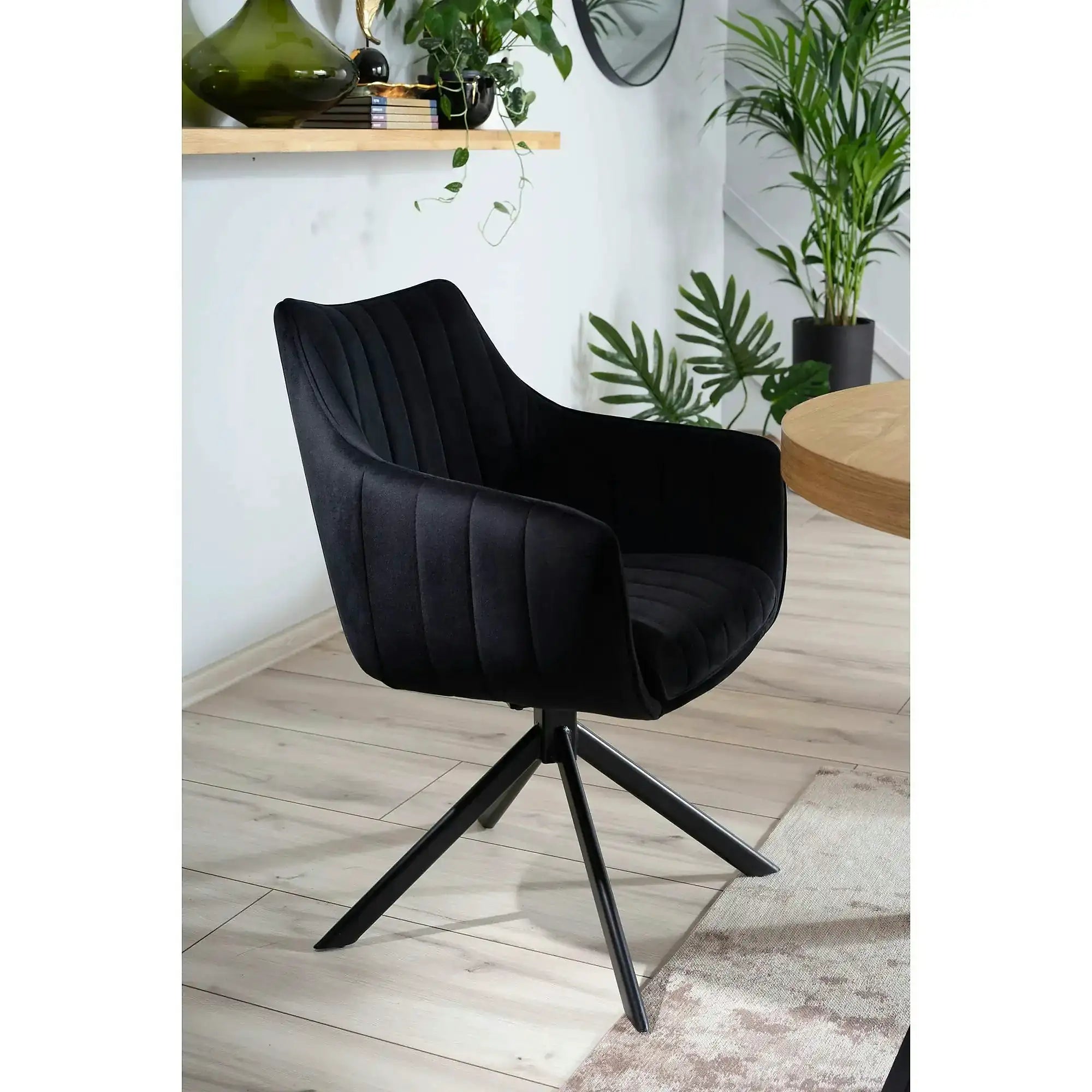 Scaun living rotativ AZALIA, negru, stofa catifelata/metal, 61x58x86 cm
