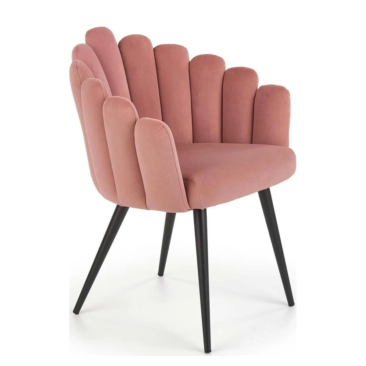Scaun modern tapitat K410, roz/negru, stofa catifelat/metal, 65x62x85 cm