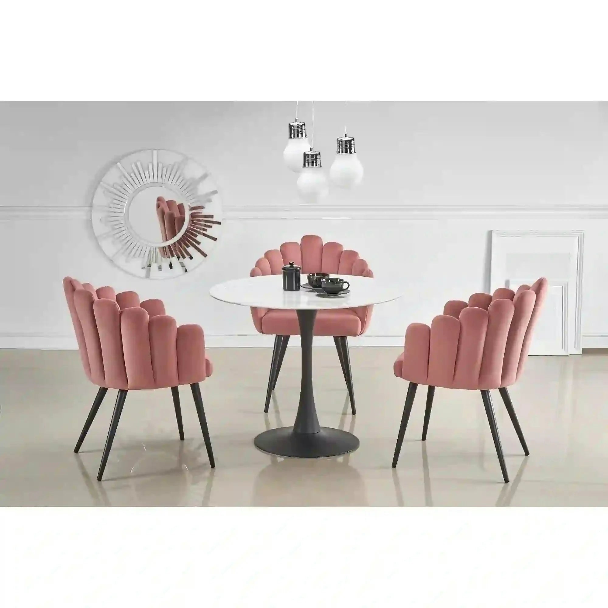 Scaun modern tapitat K410, roz/negru, stofa catifelat/metal, 65x62x85 cm