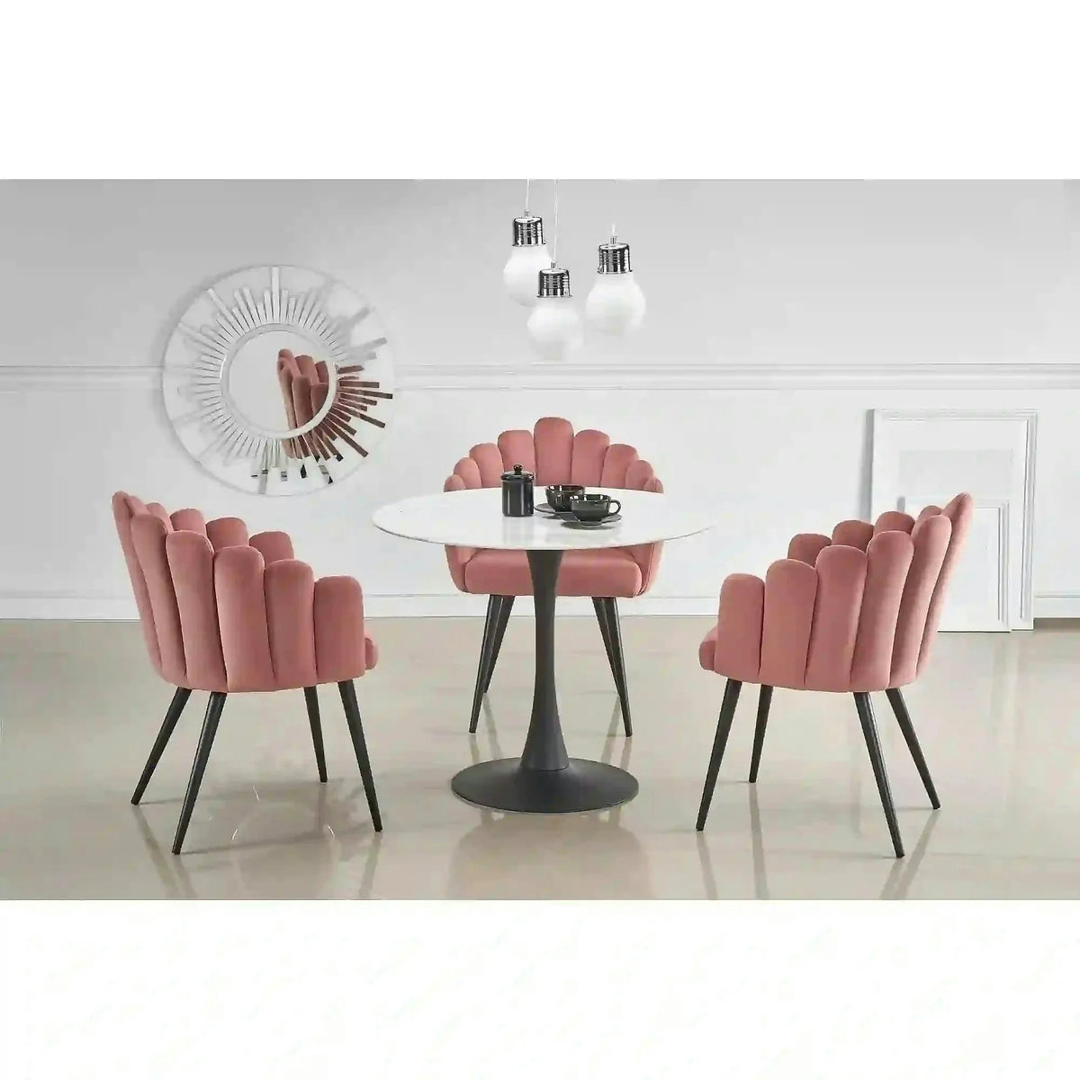 Scaun modern tapitat K410, roz/negru, stofa catifelat/metal, 65x62x85 cm