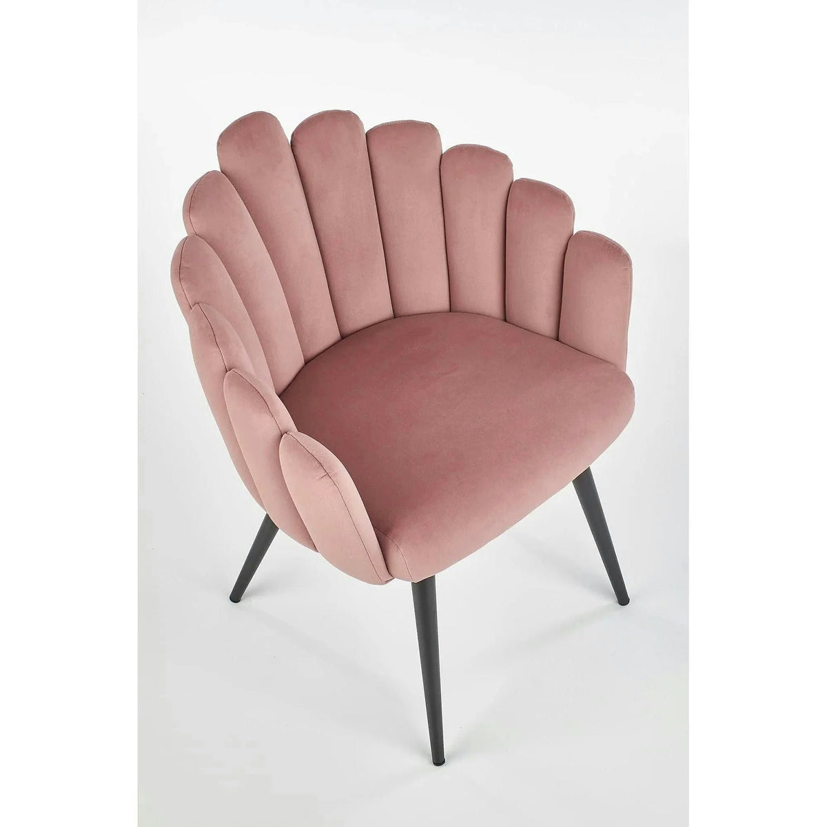 Scaun modern tapitat K410, roz/negru, stofa catifelat/metal, 65x62x85 cm