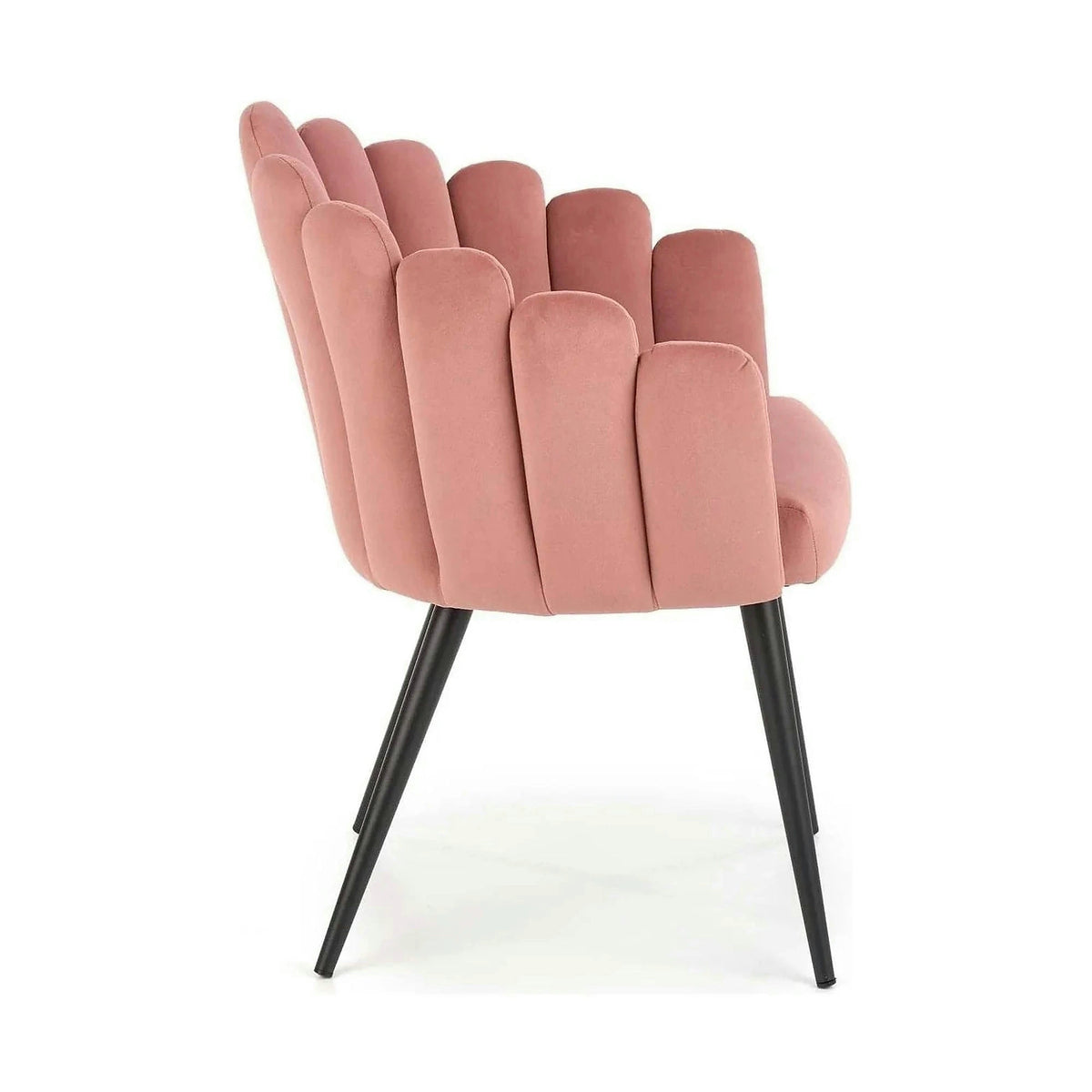 Scaun modern tapitat K410, roz/negru, stofa catifelat/metal, 65x62x85 cm