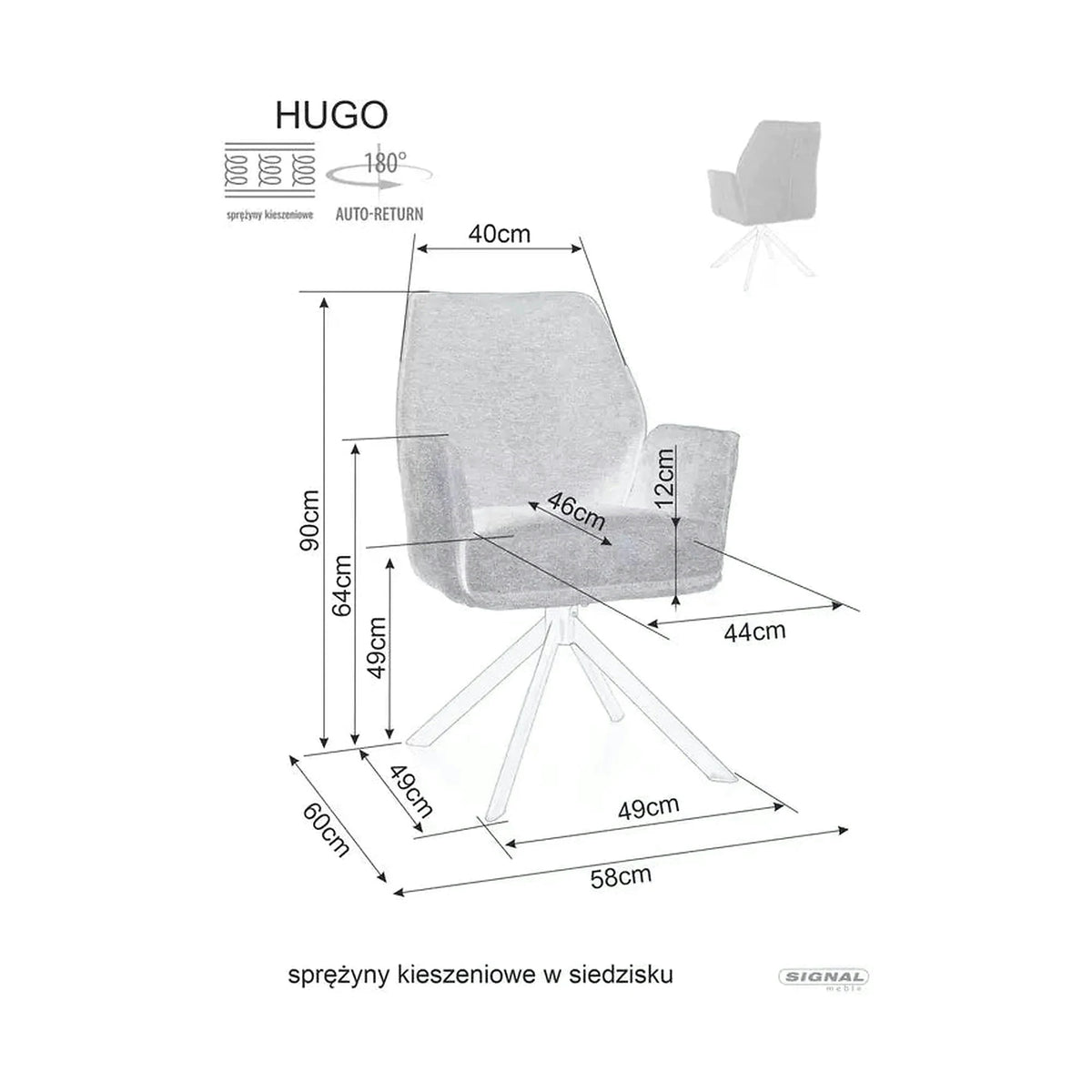 Scaun rotativ HUGO, gri/negru, stofa clasica/metal, 58x46x90 cm