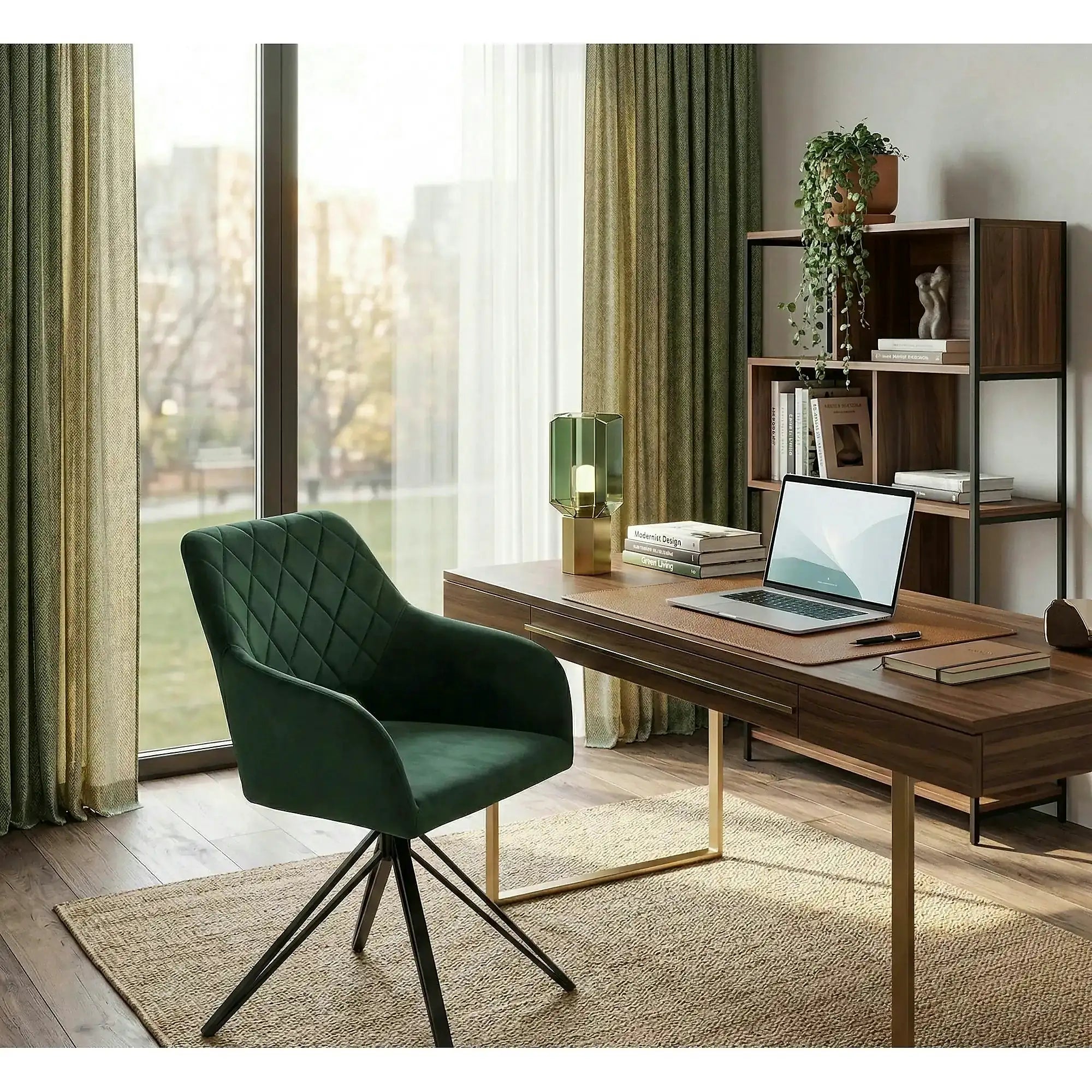 Scaun rotativ K535, verde inchis/negru, stofa catifelata/metal, 57x60x86 cm