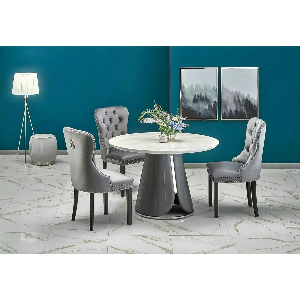 Scaun tapitat dining MIYA, gri/negru, stofa catifelata, 54x60x100 cm