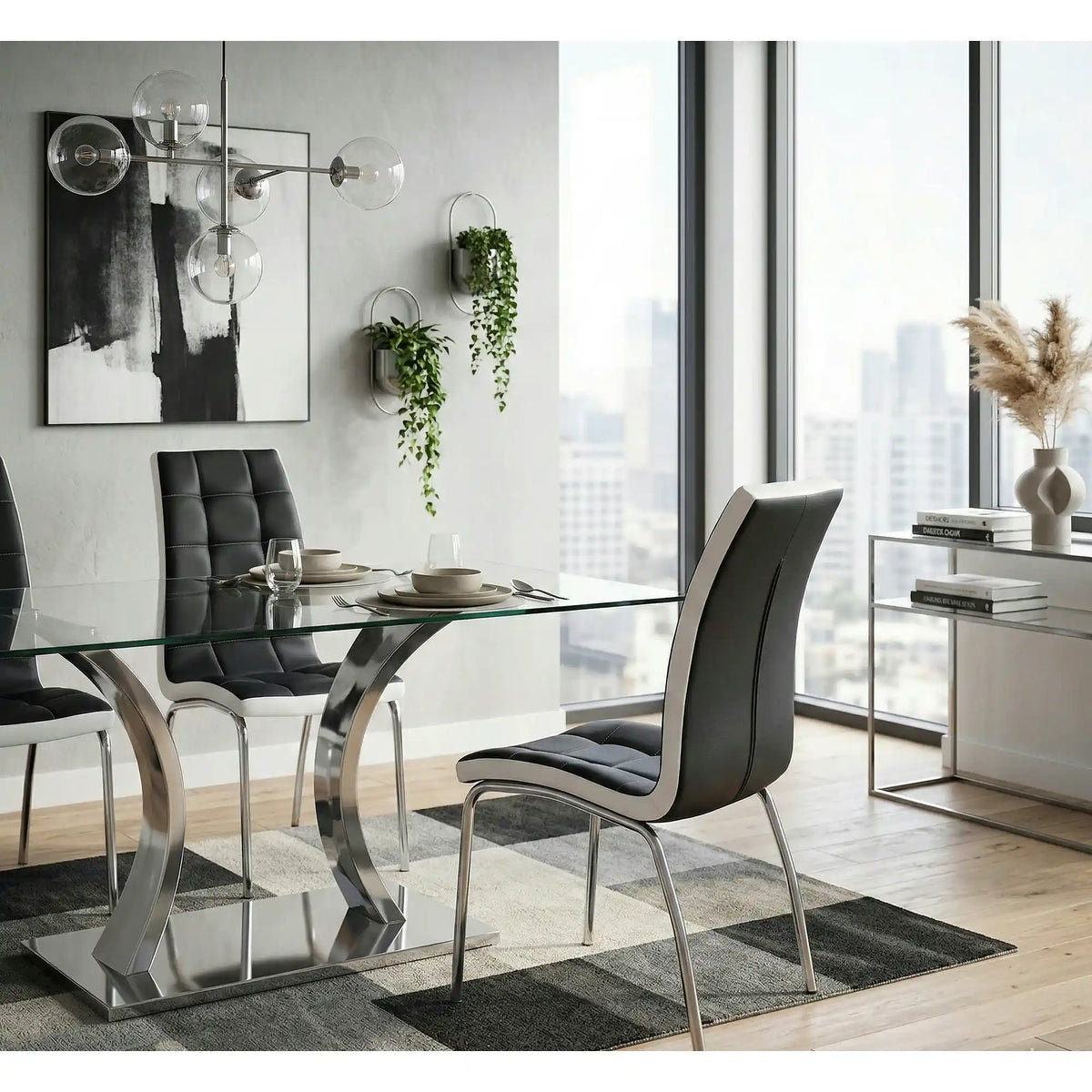 Scaun tapitat K186, negru/alb/crom, piele ecologica/metal, 42X63X100 CM