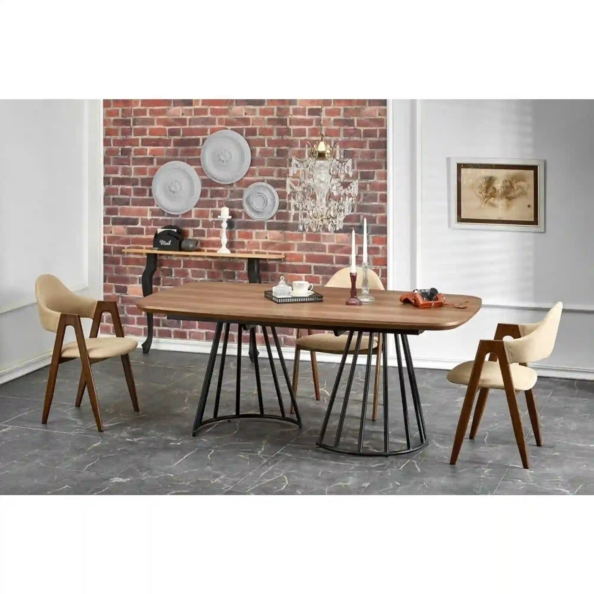 Scaun tapitat K344, bej/nuc, stofa clasica/metal, 51x57x82 cm