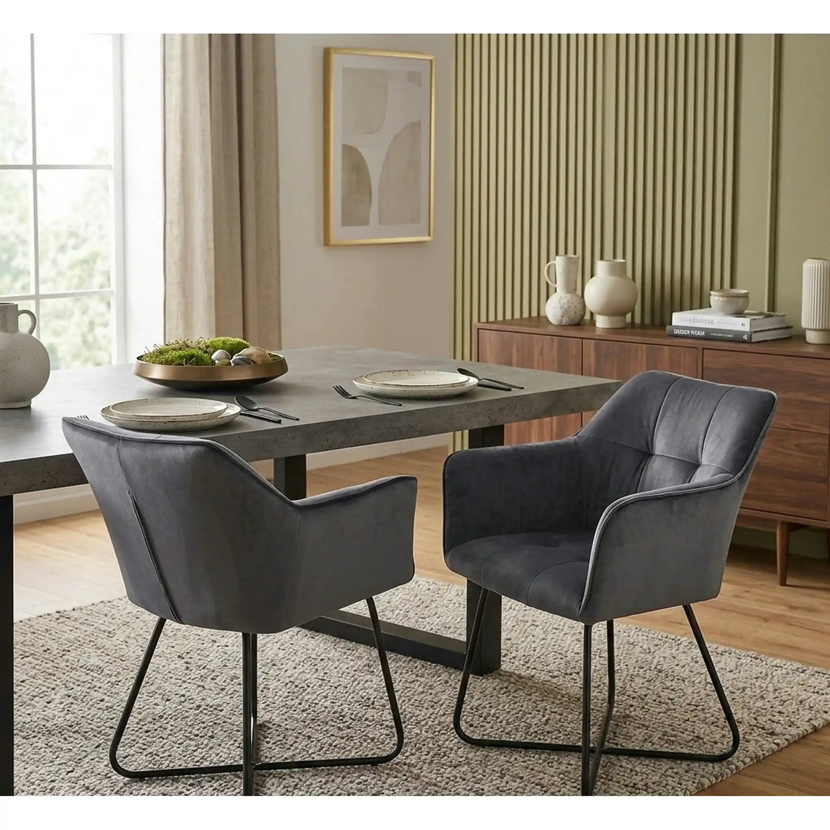 Scaun tapitat K377, gri inchis/negru, stofa catifelata/metal, 60x62x81 cm
