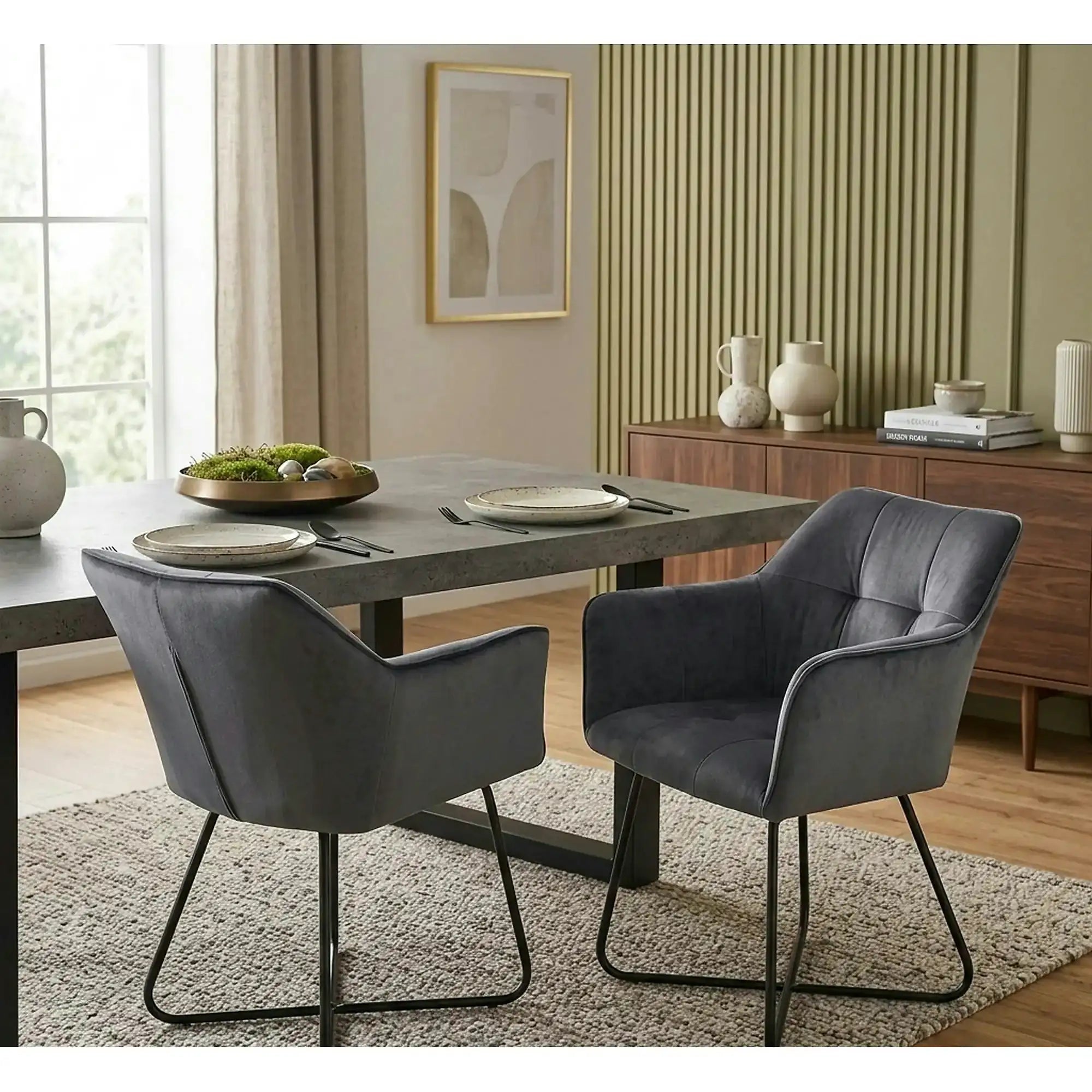 Scaun tapitat K377, gri inchis/negru, stofa catifelata/metal, 60x62x81 cm