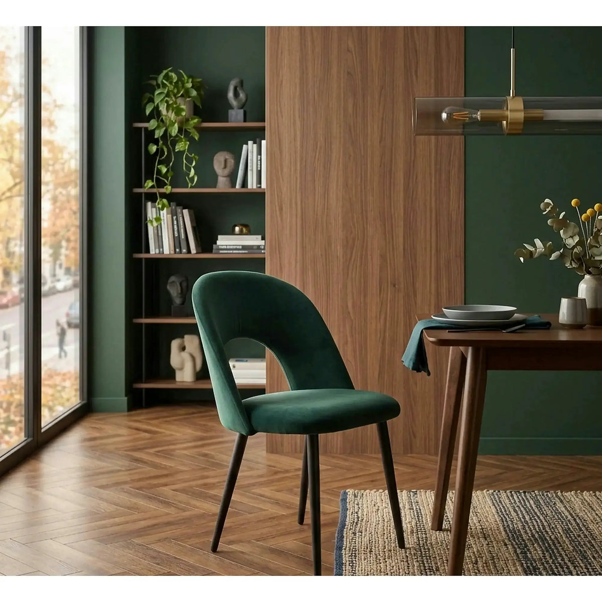 Scaun tapitat K384, verde/negru, stofa catifelata/metal, 54x57x84 cm