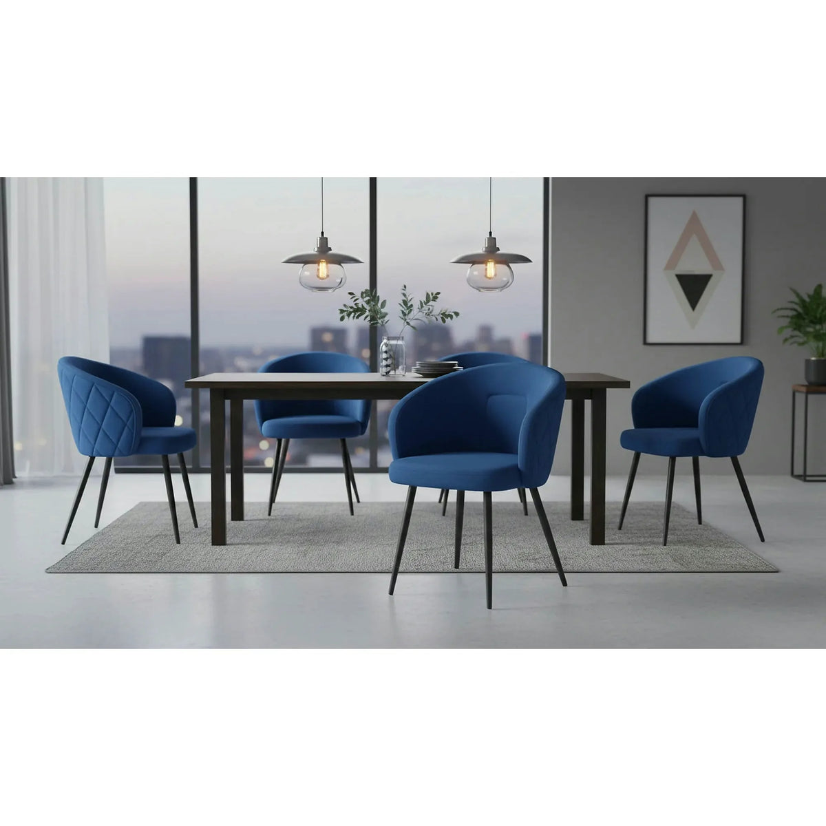 Scaun tapitat K430, albastru/negru, stofa catifelata/metal, 51x54x77 cm