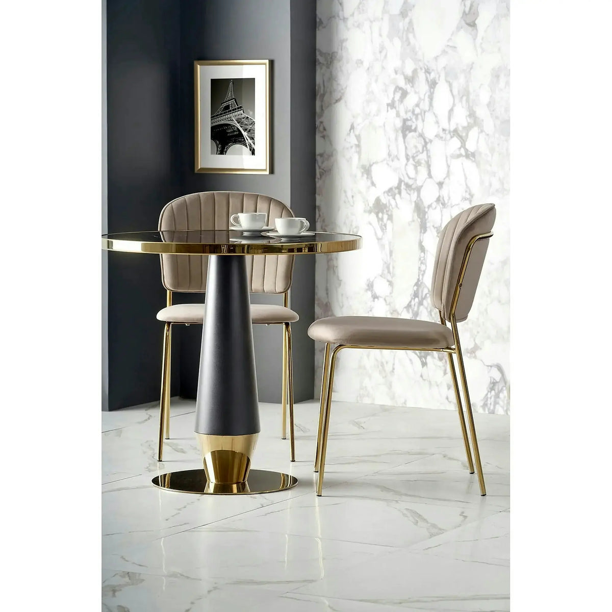 Scaun tapitat K499, bej/auriu, stofa catifelata, 47x56x85 cm