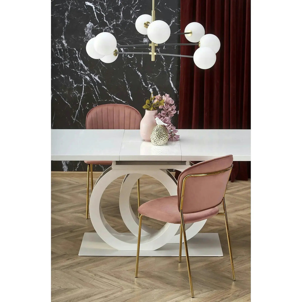 Scaun tapitat K499, roz/auriu, stofa catifelata, 47x56x85 cm
