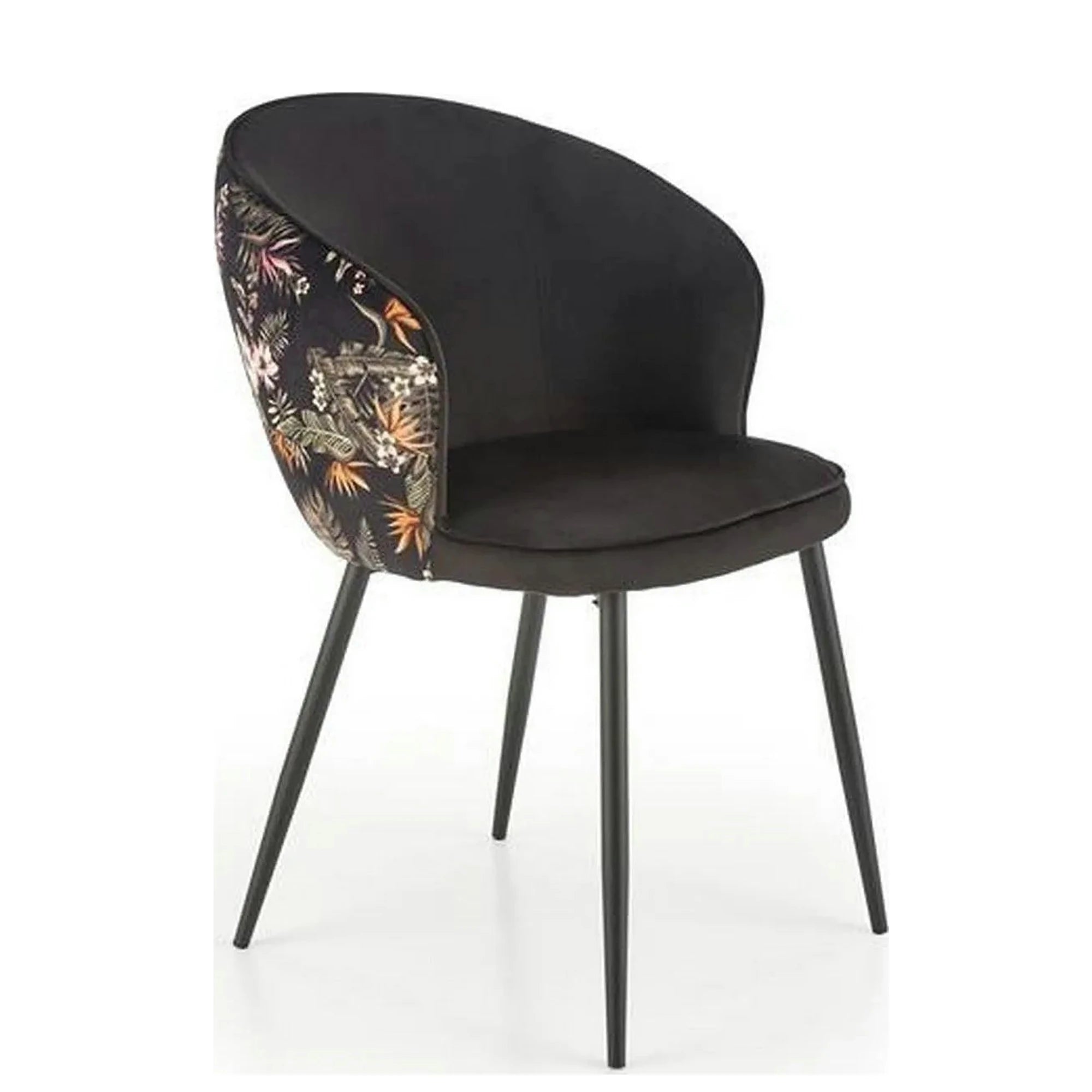 Scaun tapitat K506, negru, cu imprimeu floral, stofa catifelata, 55x60x82 cm