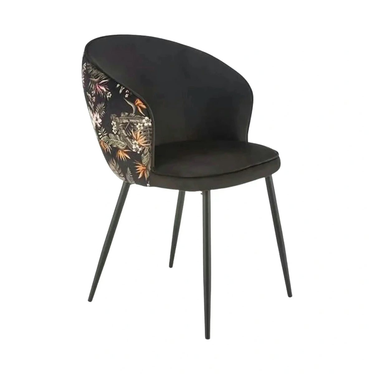 Scaun tapitat K506, negru, cu imprimeu floral, stofa catifelata, 55x60x82 cm
