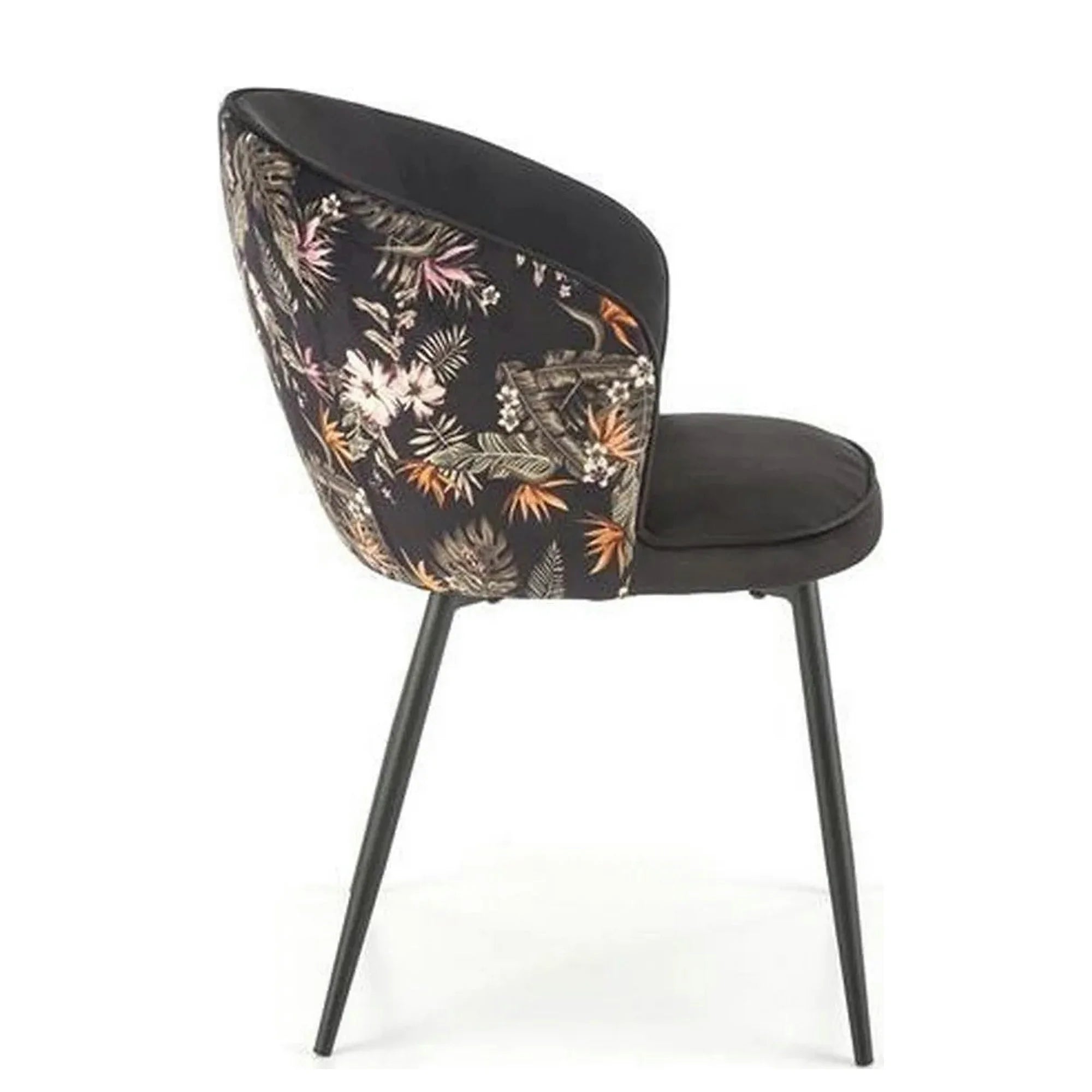 Scaun tapitat K506, negru, cu imprimeu floral, stofa catifelata, 55x60x82 cm