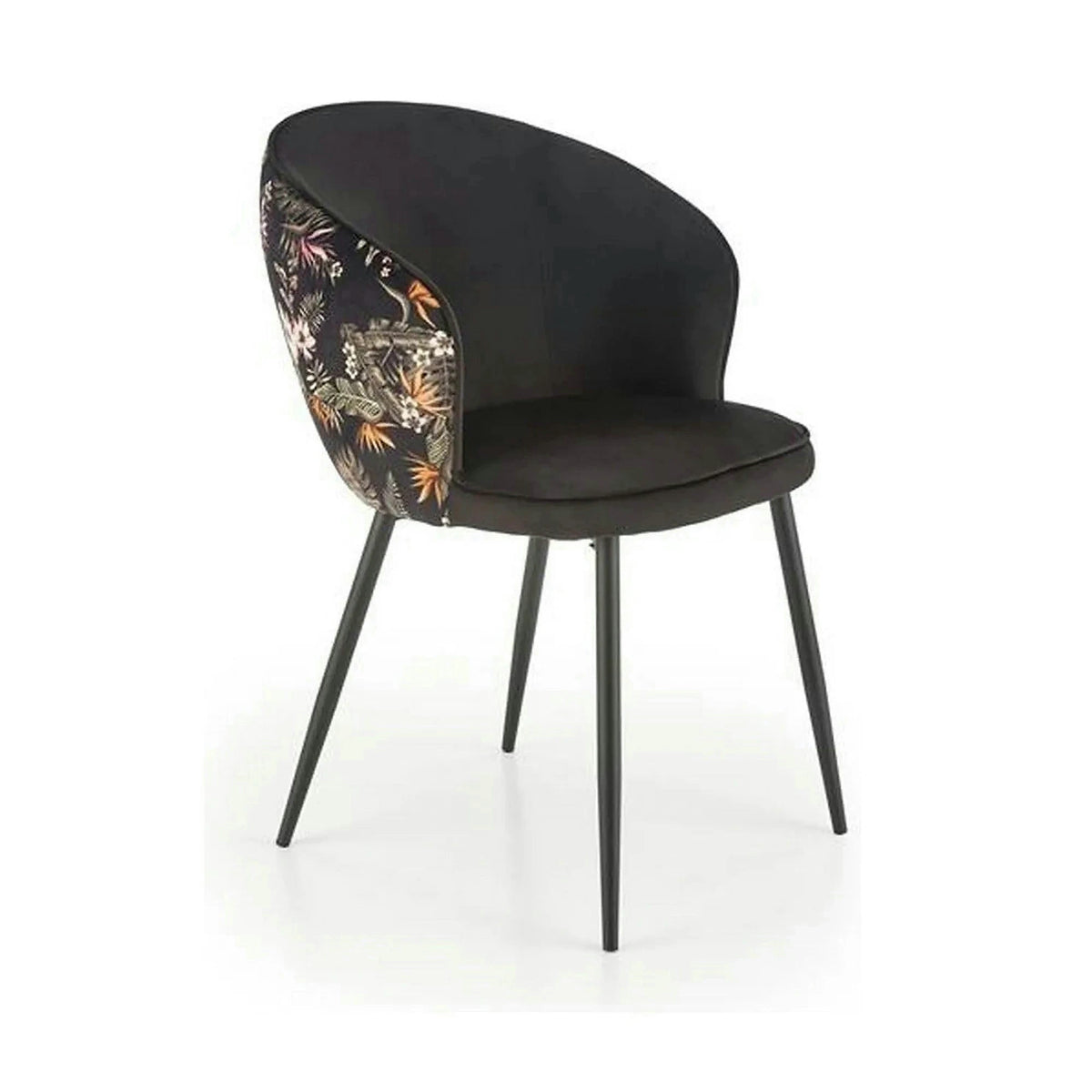 Scaun tapitat K506, negru, cu imprimeu floral, stofa catifelata, 55x60x82 cm