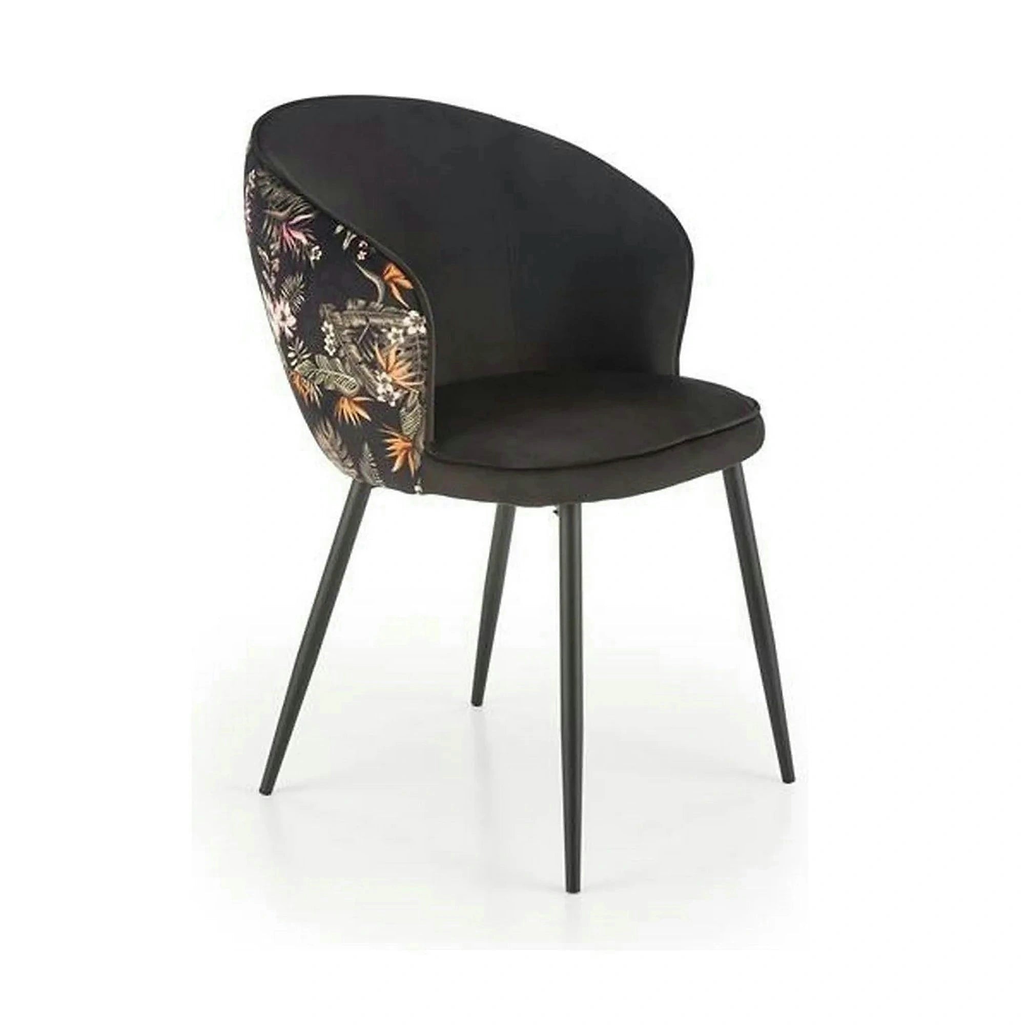 Scaun tapitat K506, negru, cu imprimeu floral, stofa catifelata, 55x60x82 cm