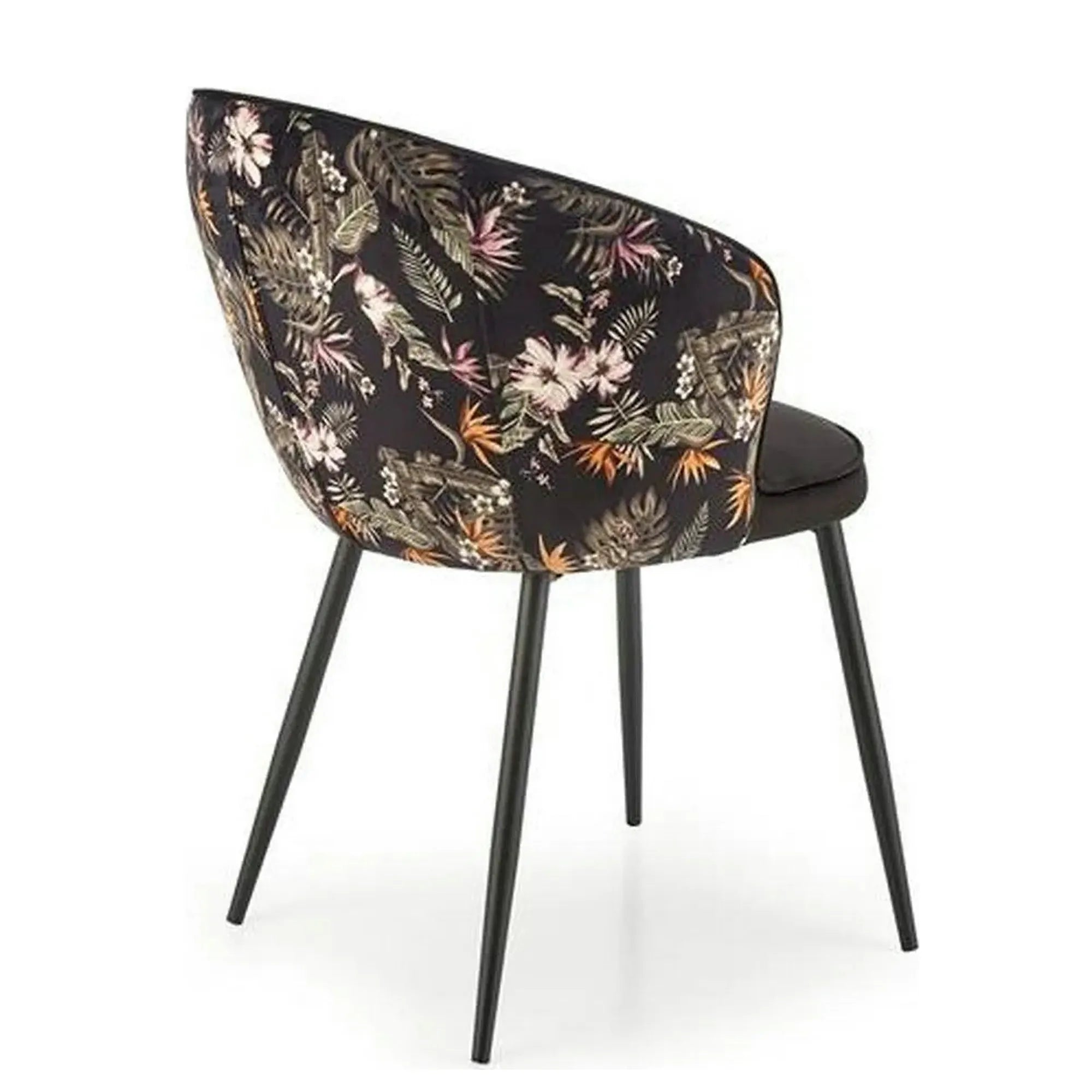 Scaun tapitat K506, negru, cu imprimeu floral, stofa catifelata, 55x60x82 cm