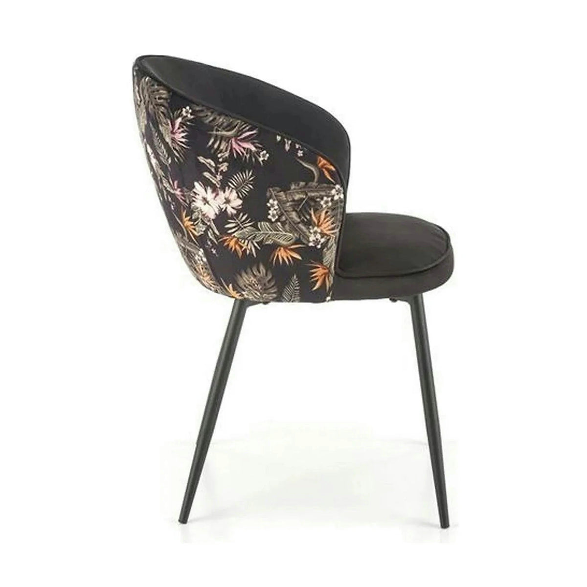 Scaun tapitat K506, negru, cu imprimeu floral, stofa catifelata, 55x60x82 cm