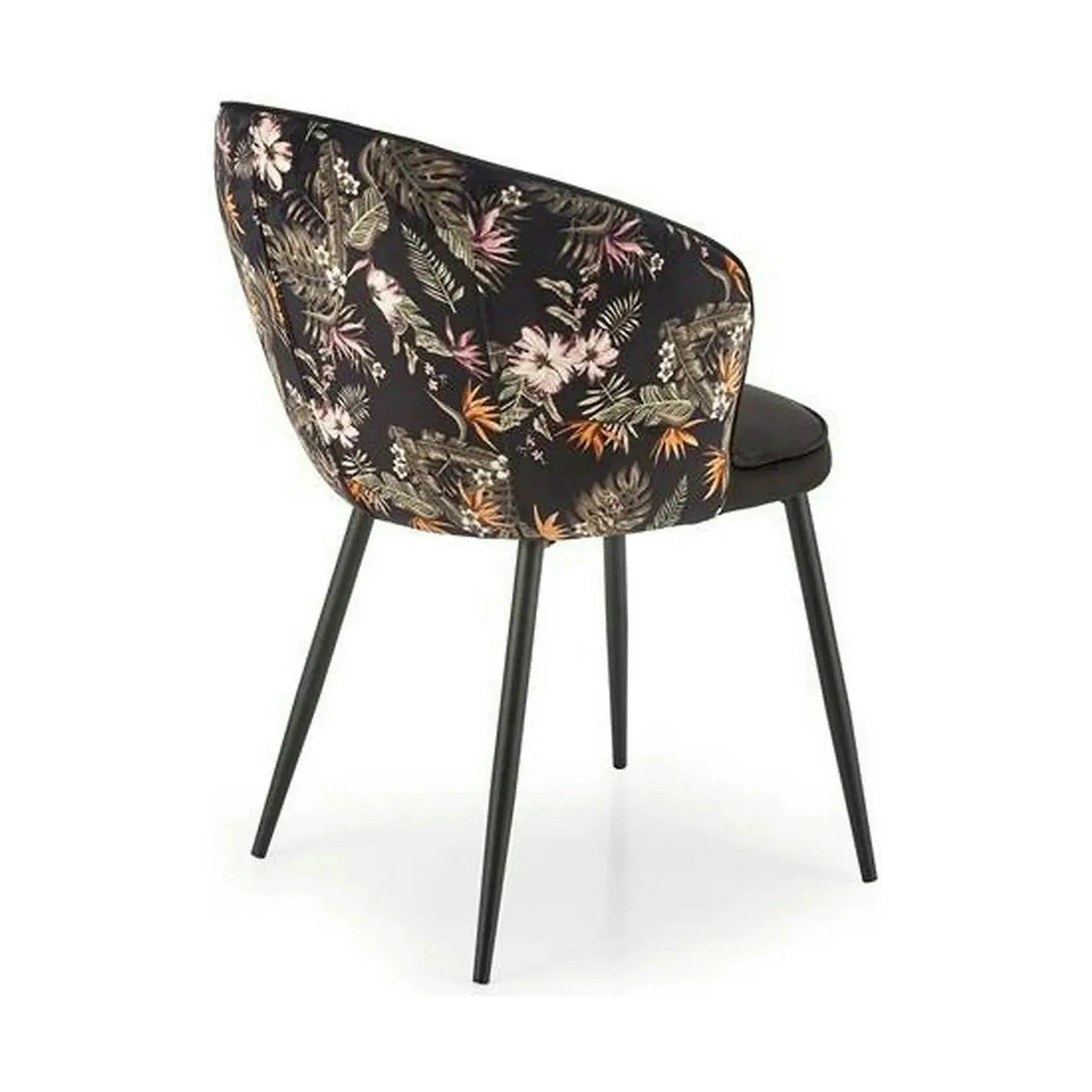 Scaun tapitat K506, negru, cu imprimeu floral, stofa catifelata, 55x60x82 cm