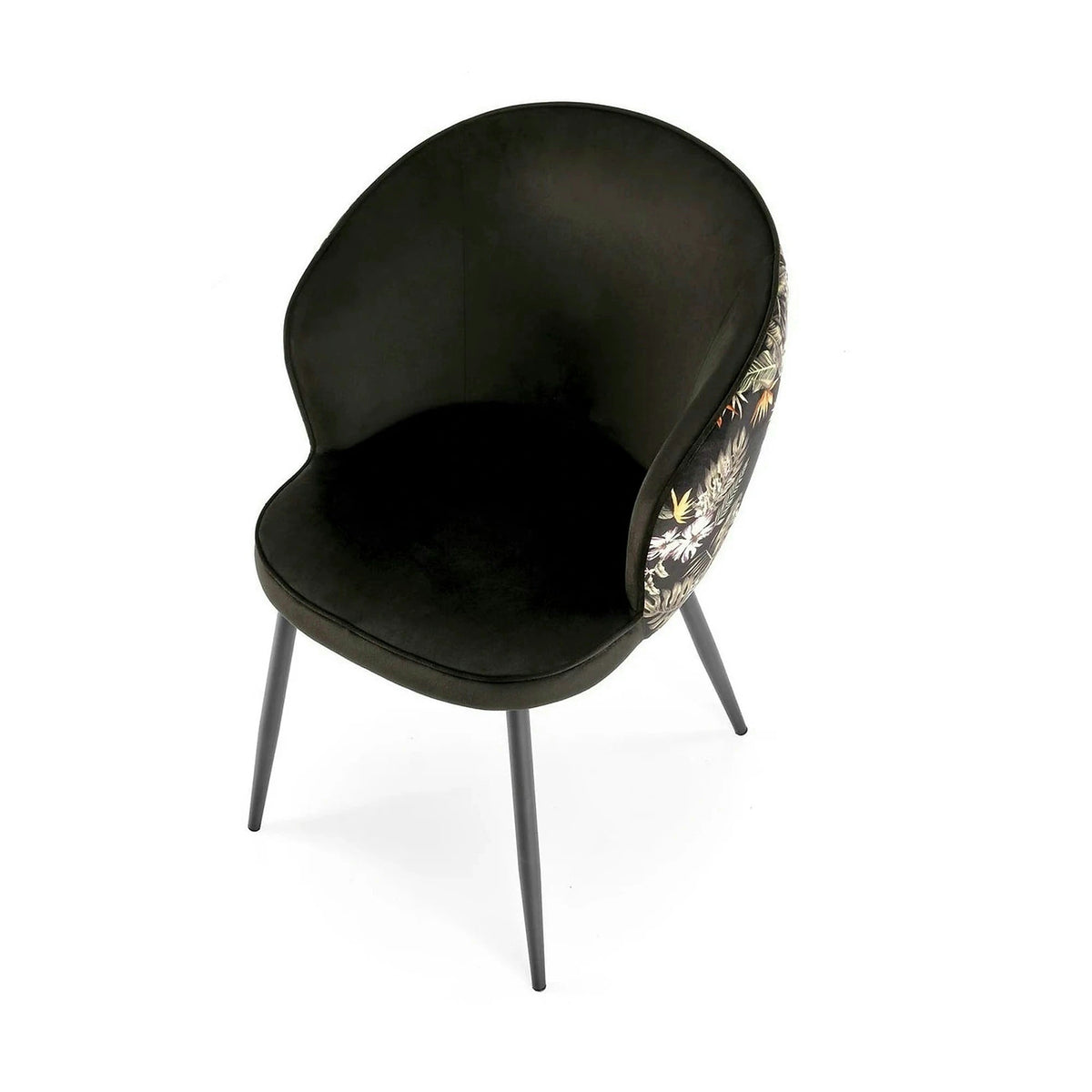 Scaun tapitat K506, negru, cu imprimeu floral, stofa catifelata, 55x60x82 cm