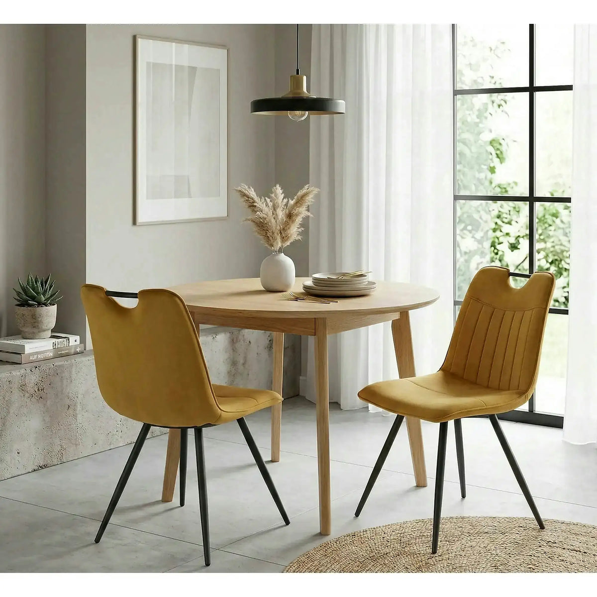 Scaun tapitat K521, galben mustar/negru, stofa catifelata, 46x58x83 cm