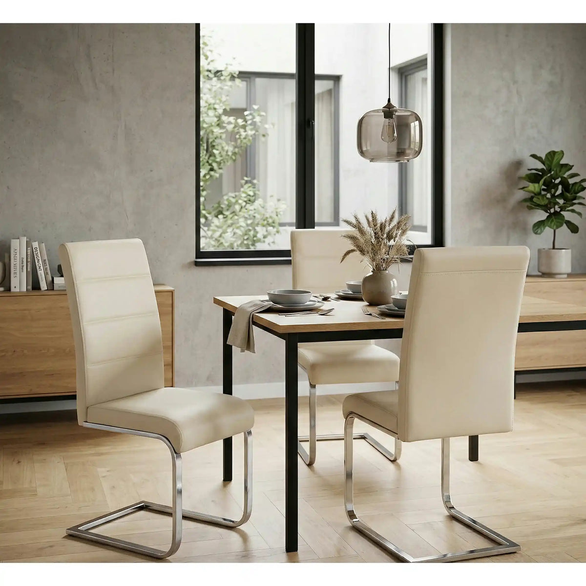 Scaun tapitat K85, crem/crom, metal/piele ecologica, 42X56X100 CM