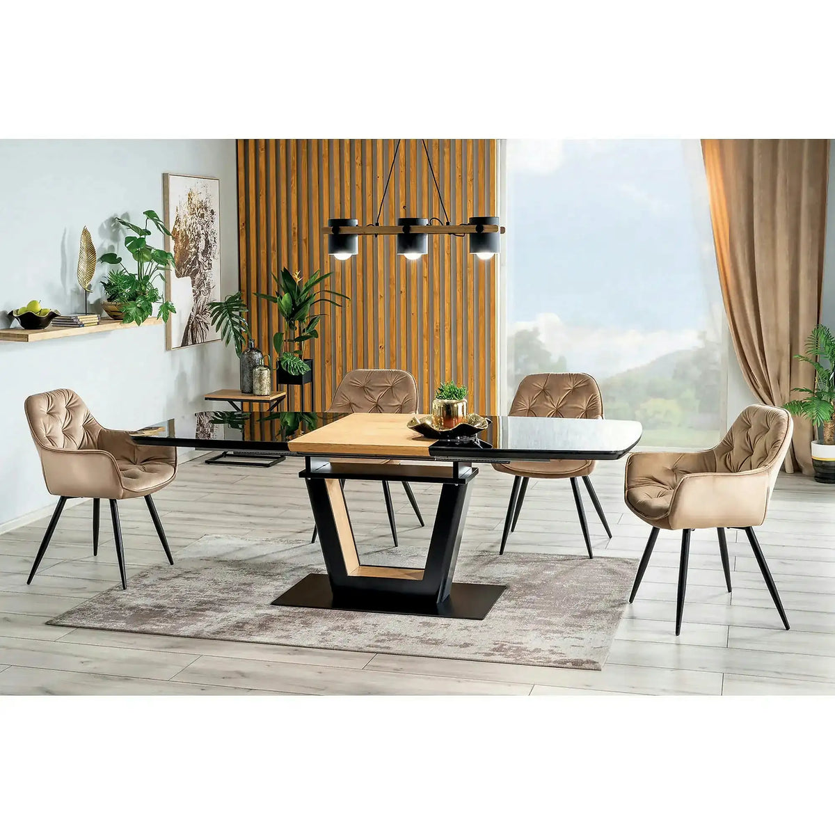 Scaun tapitat modern CHERRY, bej/negru, stofa catifelata/metal, 57x58x87 cm