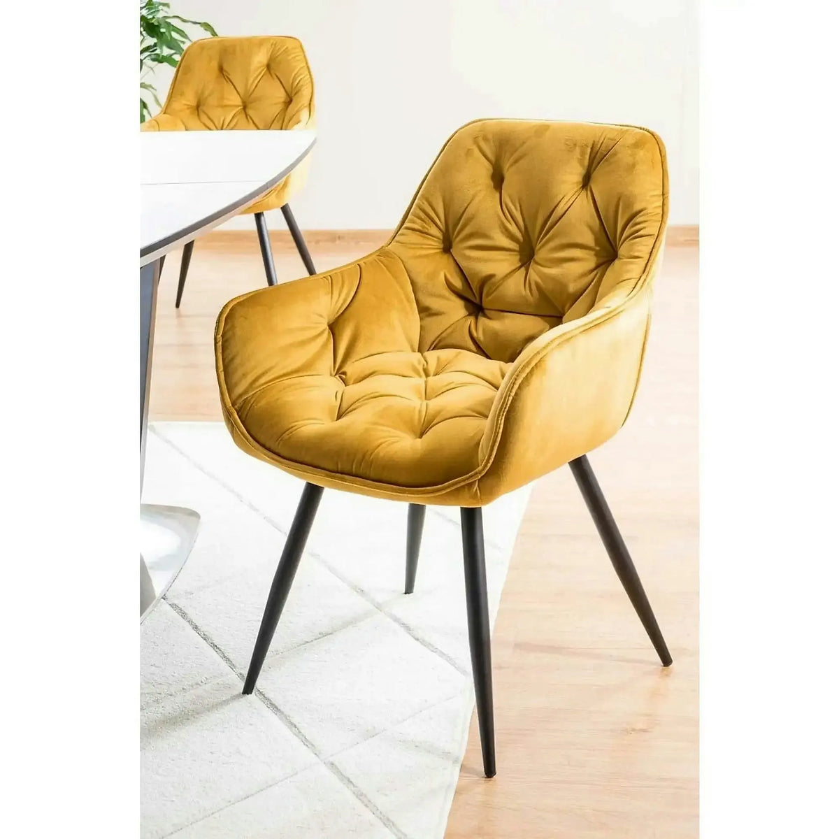 Scaun tapitat modern CHERRY, galben/negru, stofa catifelata/metal, 58x57x87 cm