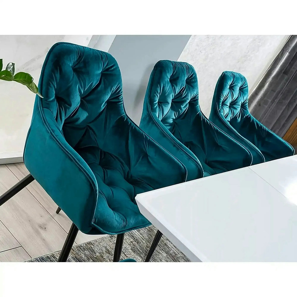 Scaun tapitat modern CHERRY, turcoaz/negru, stofa catifelata/metal, 57x58x87 cm