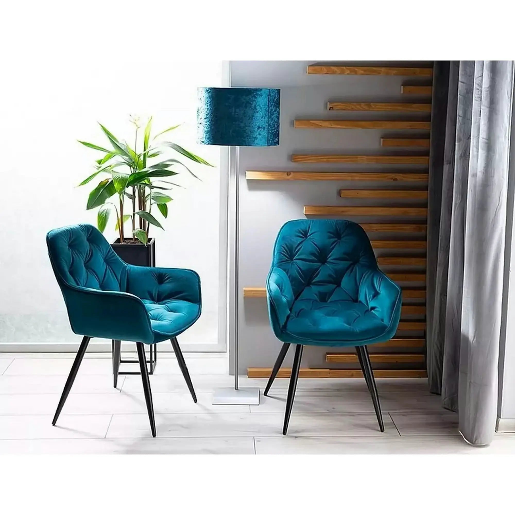 Scaun tapitat modern CHERRY, turcoaz/negru, stofa catifelata/metal, 57x58x87 cm