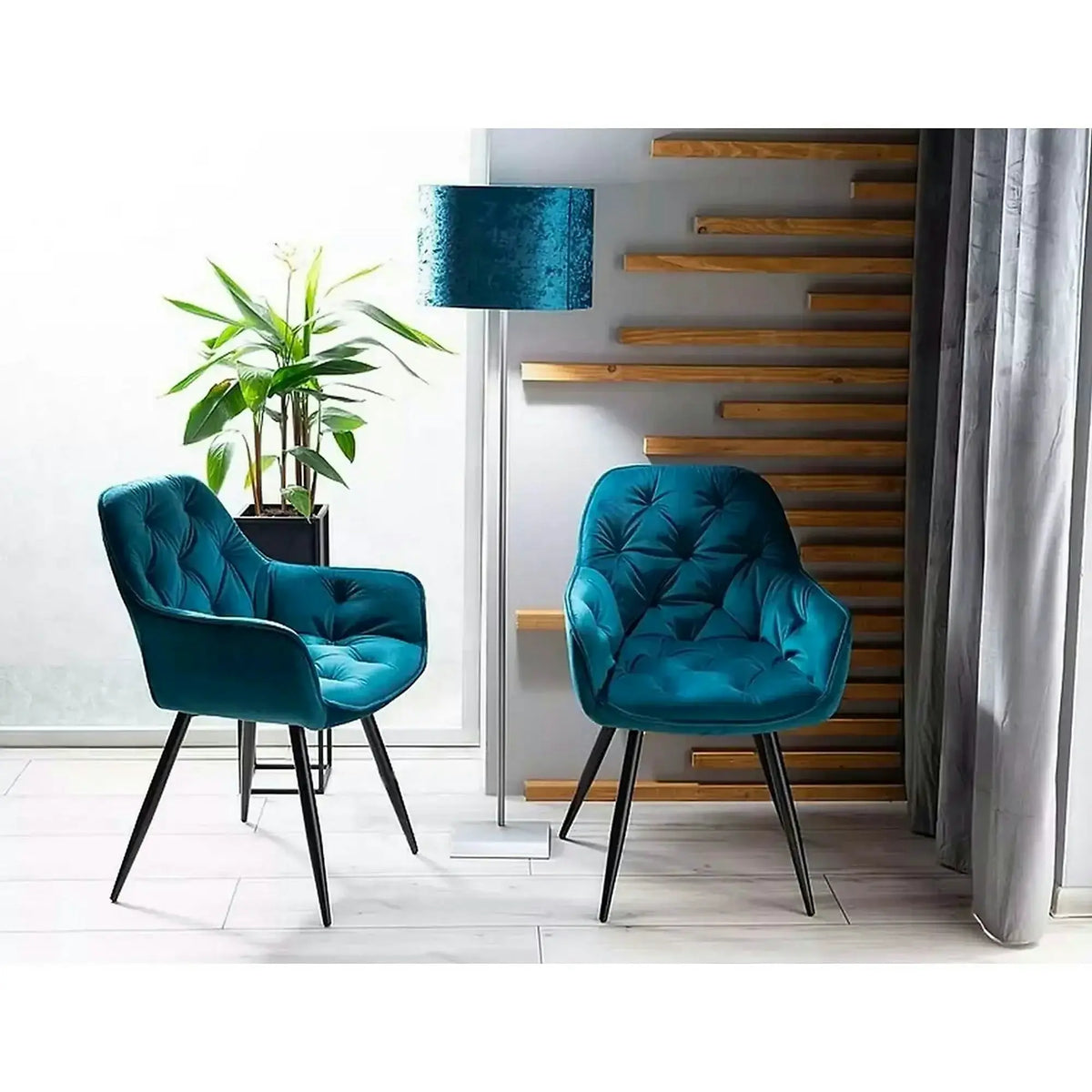 Scaun tapitat modern CHERRY, turcoaz/negru, stofa catifelata/metal, 57x58x87 cm