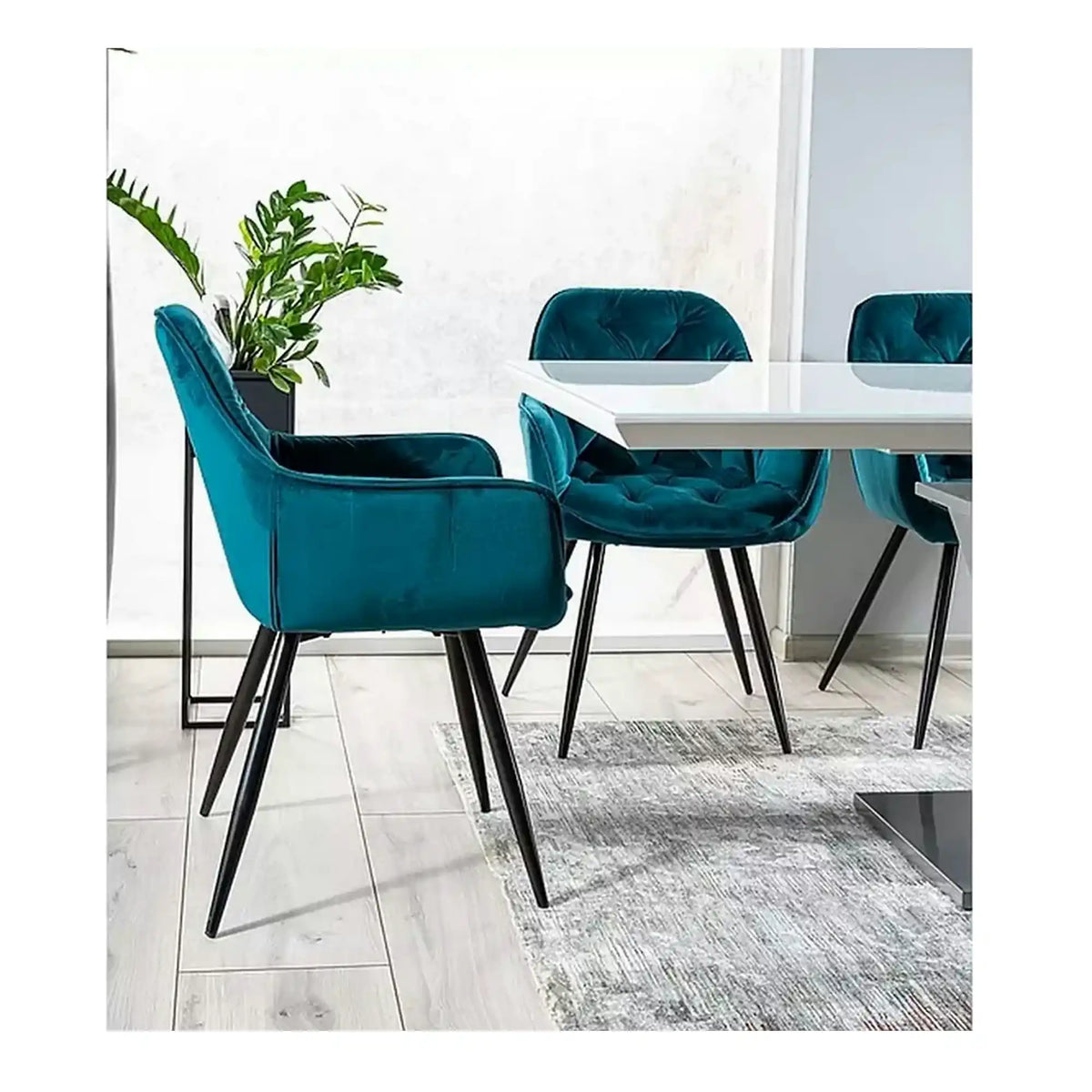 Scaun tapitat modern CHERRY, turcoaz/negru, stofa catifelata/metal, 57x58x87 cm