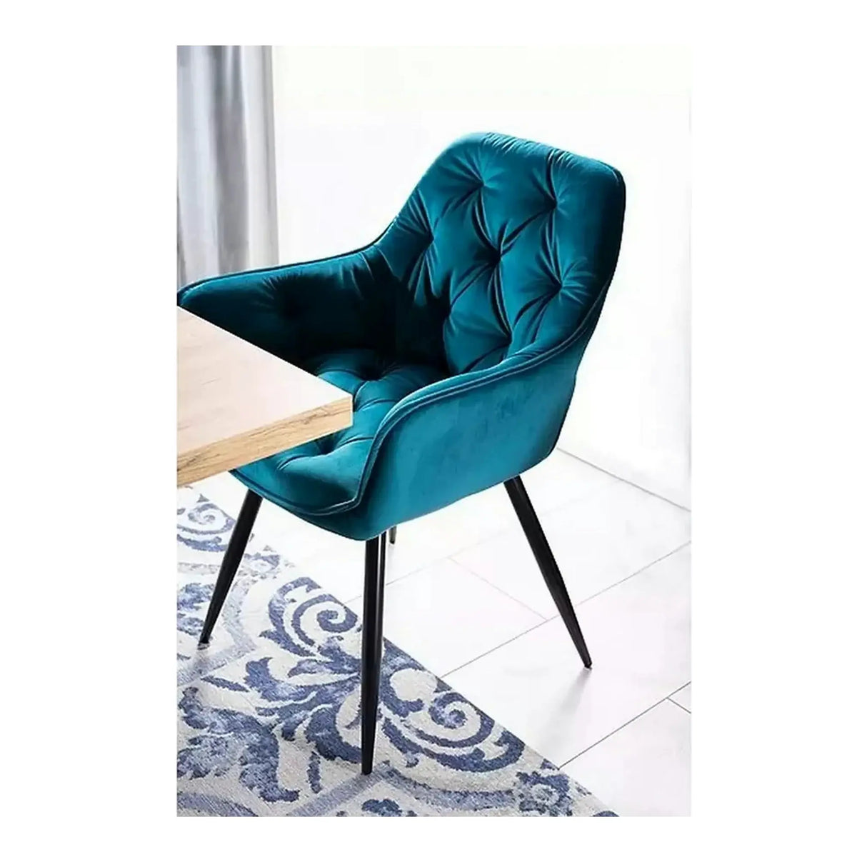 Scaun tapitat modern CHERRY, turcoaz/negru, stofa catifelata/metal, 57x58x87 cm