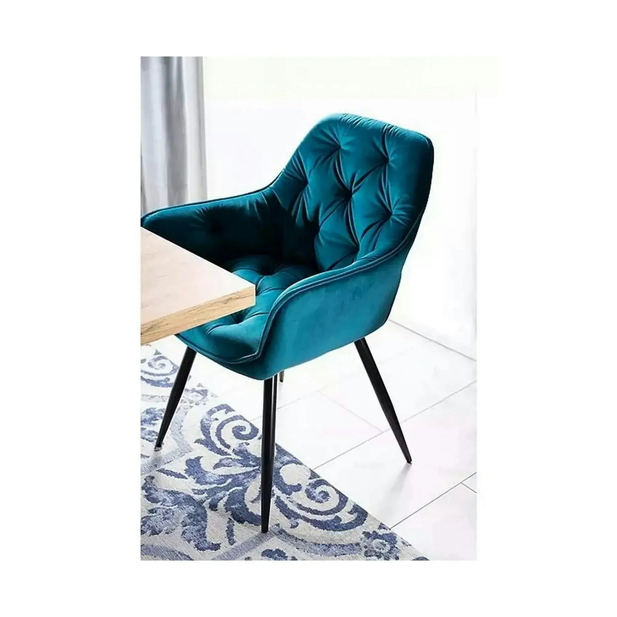 Scaun tapitat modern CHERRY, turcoaz/negru, stofa catifelata/metal, 57x58x87 cm