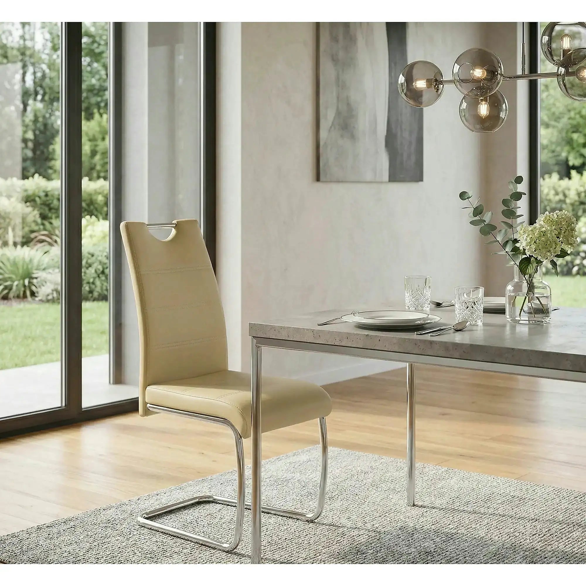 Scaun tapitat piele ecologica K211, bej/crom, 42x60x97 cm