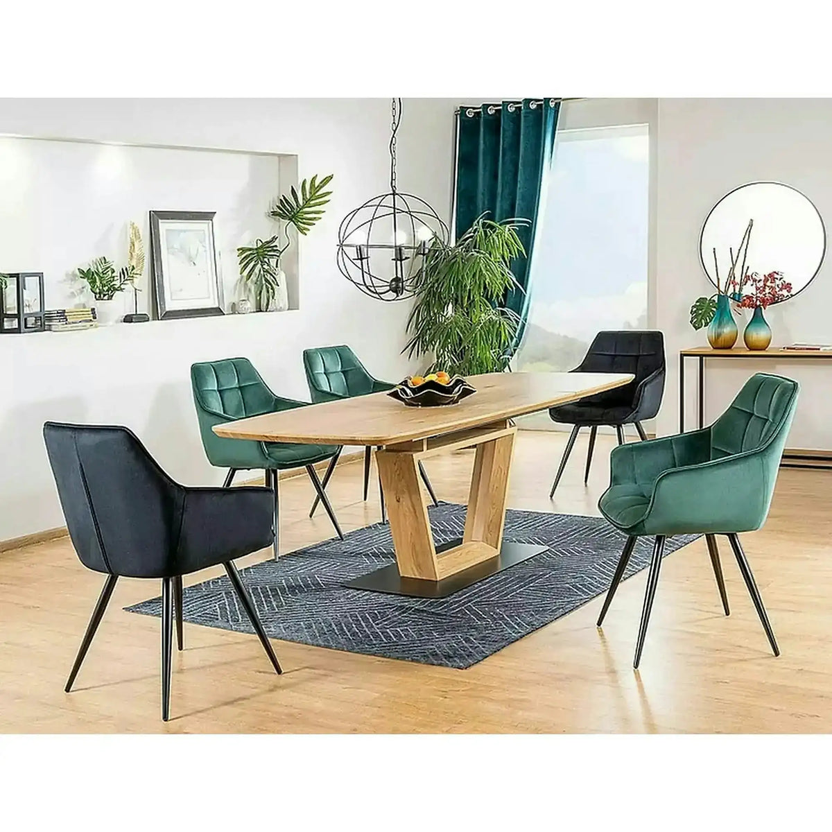 Scaun tapitat stofa catifelata LILIA, verde/negru, 59x45x90 cm