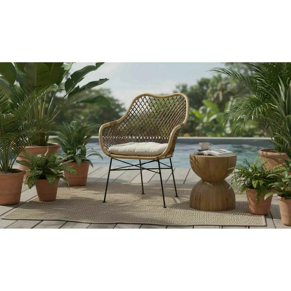 Scaun terasa K336, stejar/maro inchis, ratan natural/metal, 64X64X89 CM