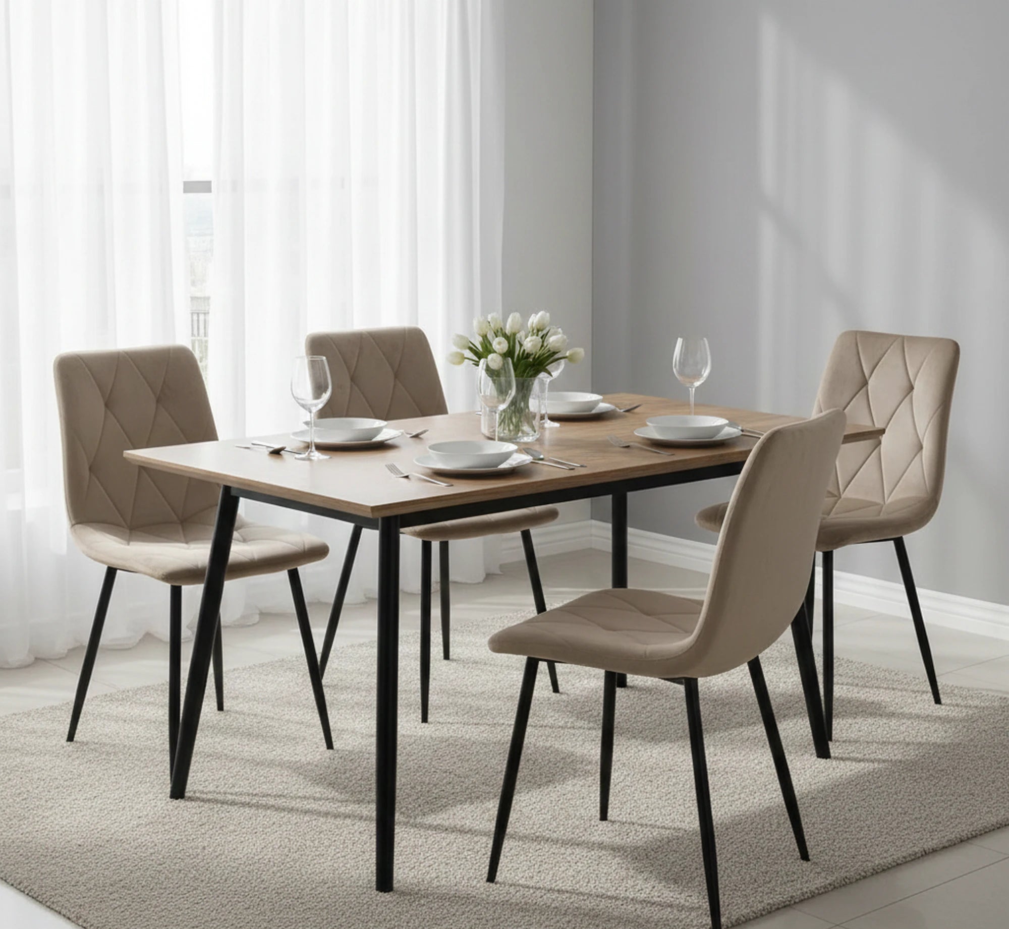 Scaun TOM, bej/negru, stofa catifelata/metal, 45x39x91 cm